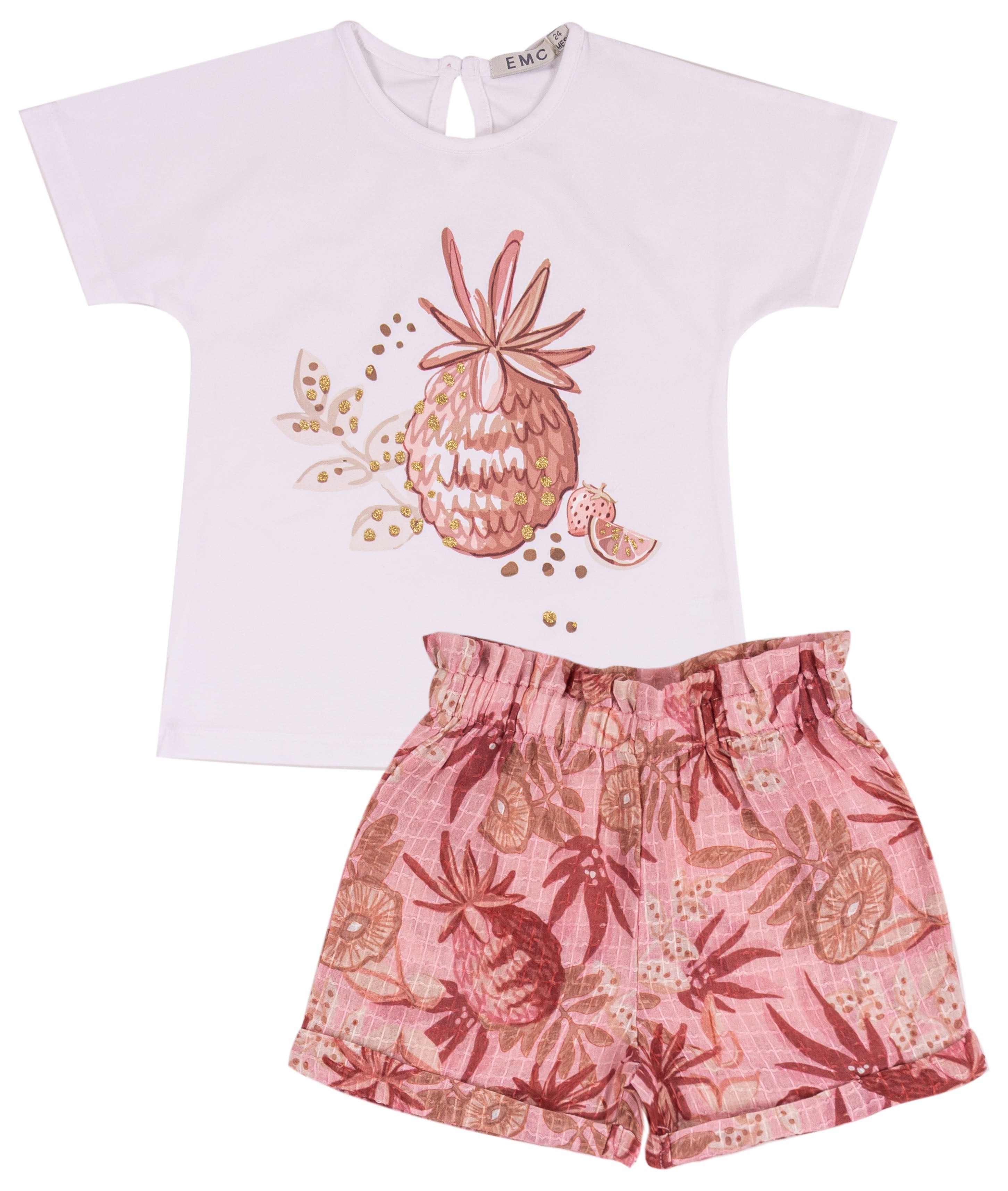 Completo Estivo Bimba Bianco e Rosa con Stampa Ananas e Punti Luce