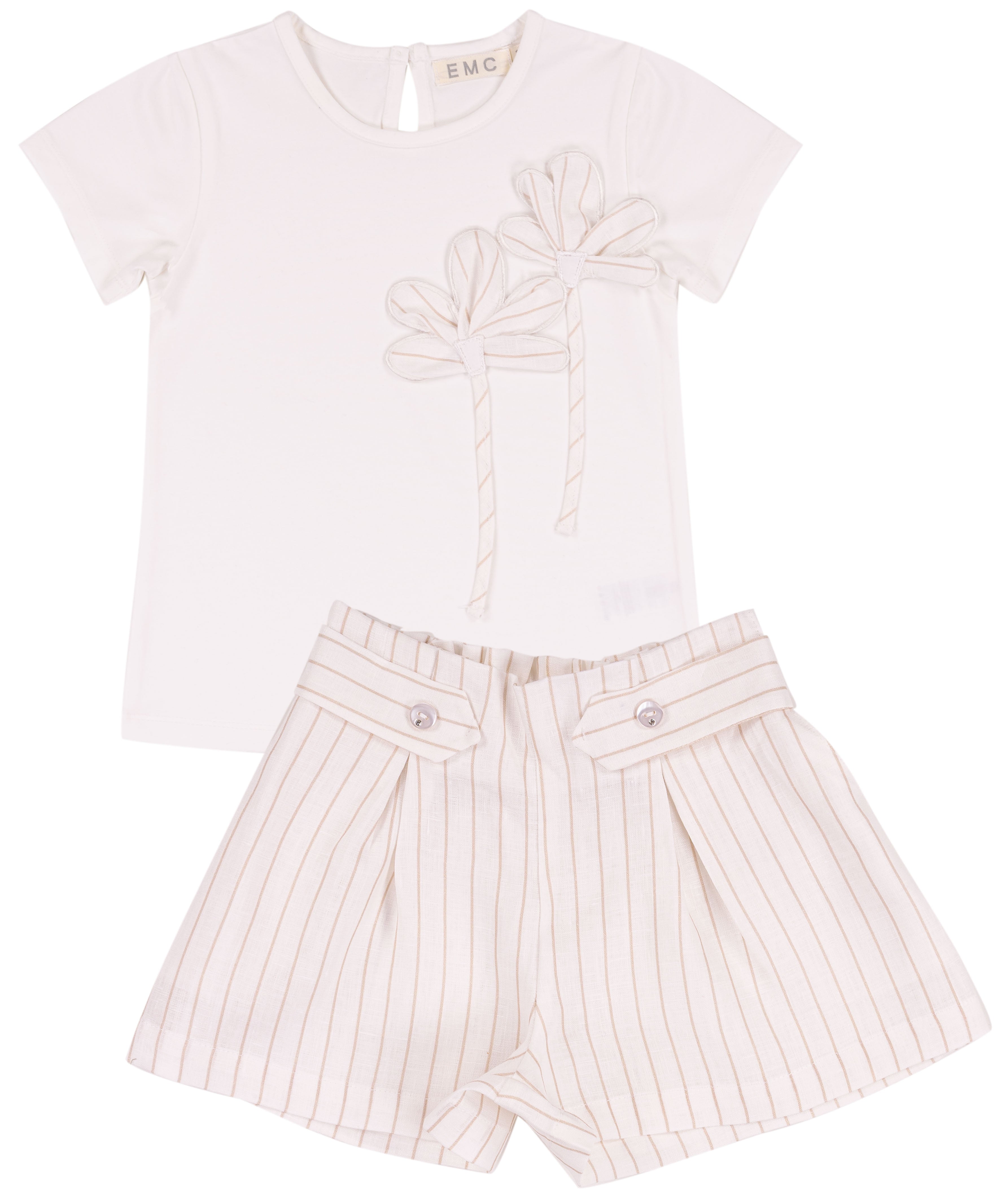 Completo Estivo Bambina Bianco e Beige a Righe con Applicazioni Floreali