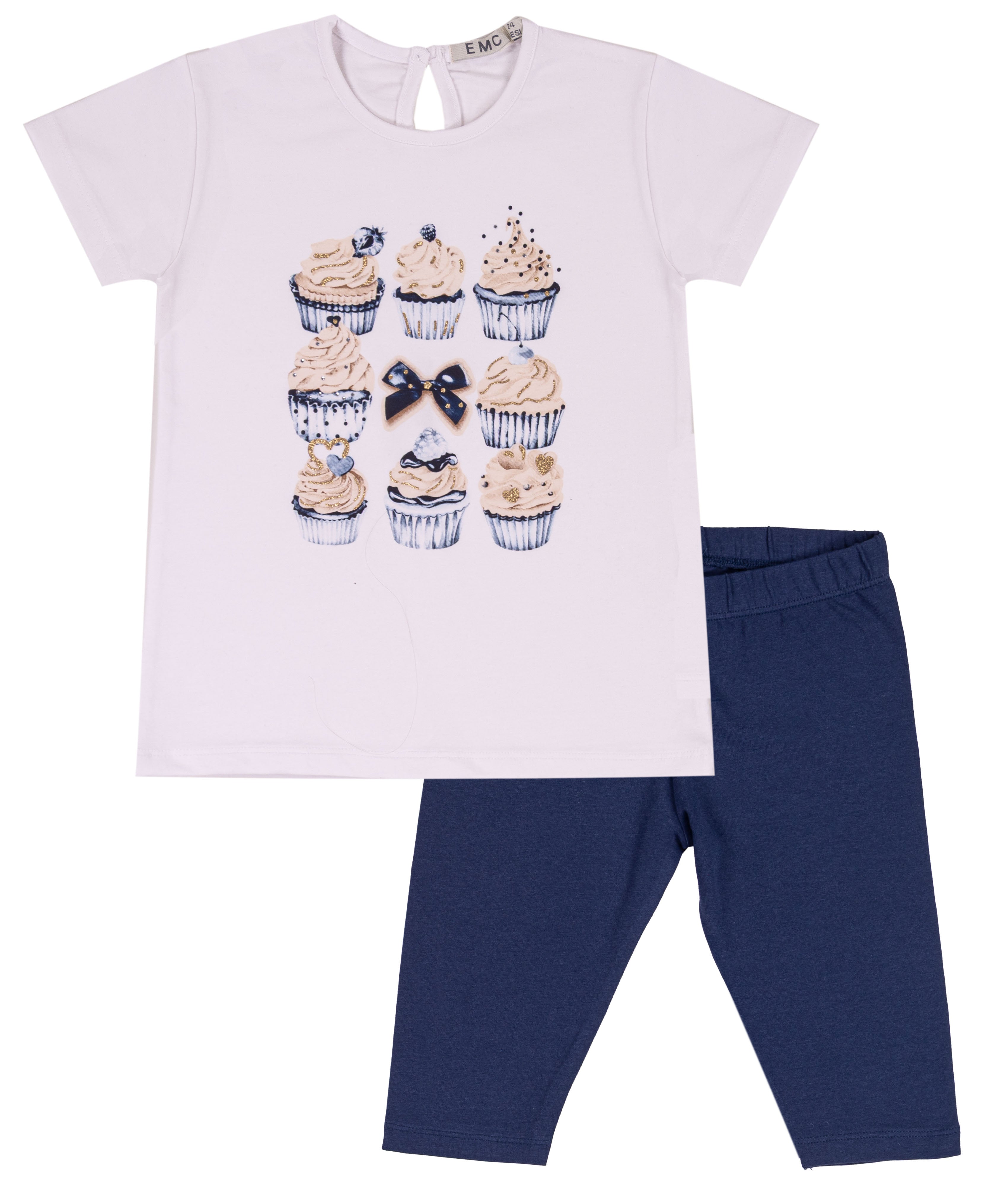 Completo Bimba Bianco e Navy con T-shirt Cupcake e Leggings