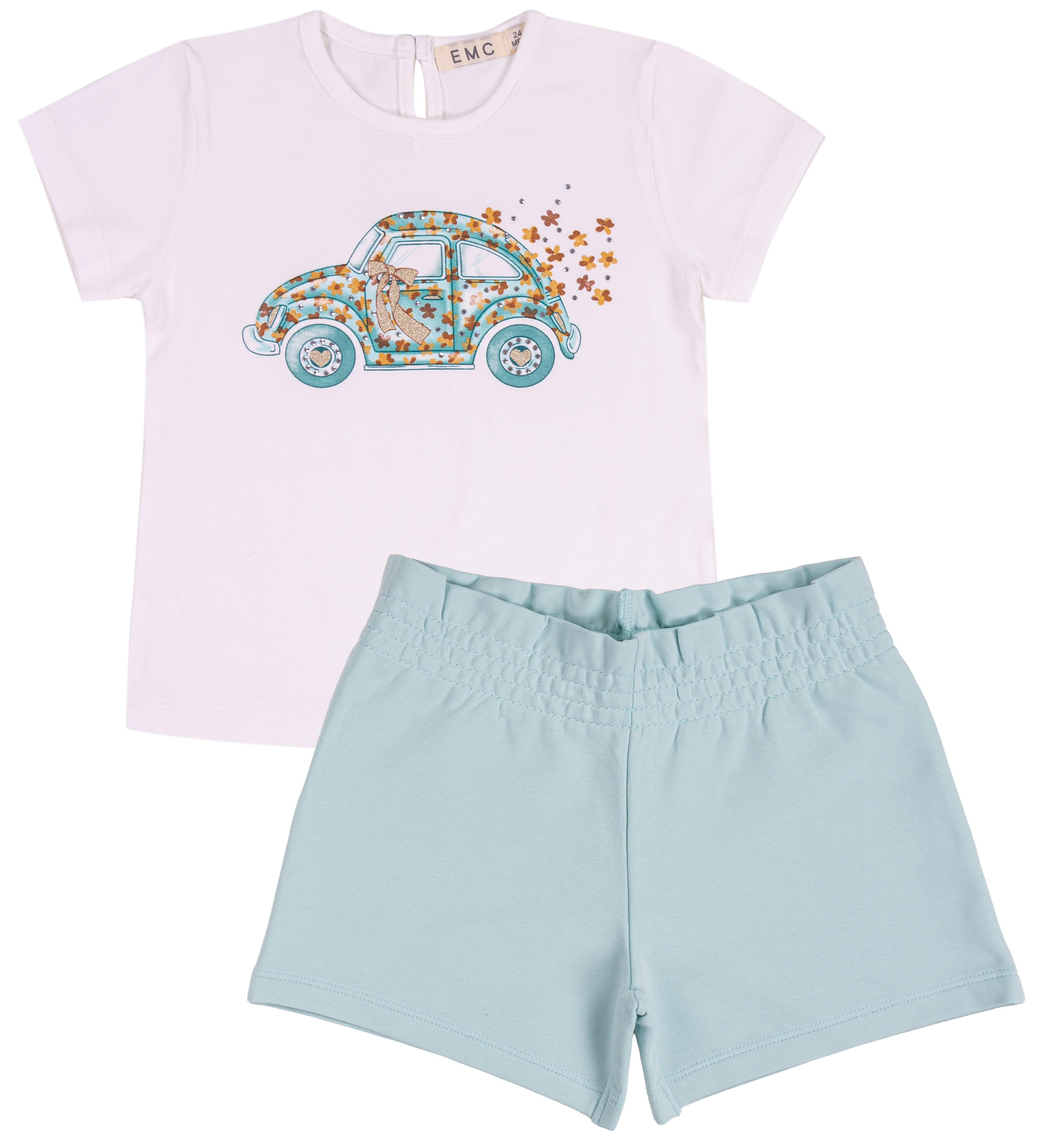 Completo Estivo Bambina Bianco e Tiffany con Grafica "Maggiolino Floreale"