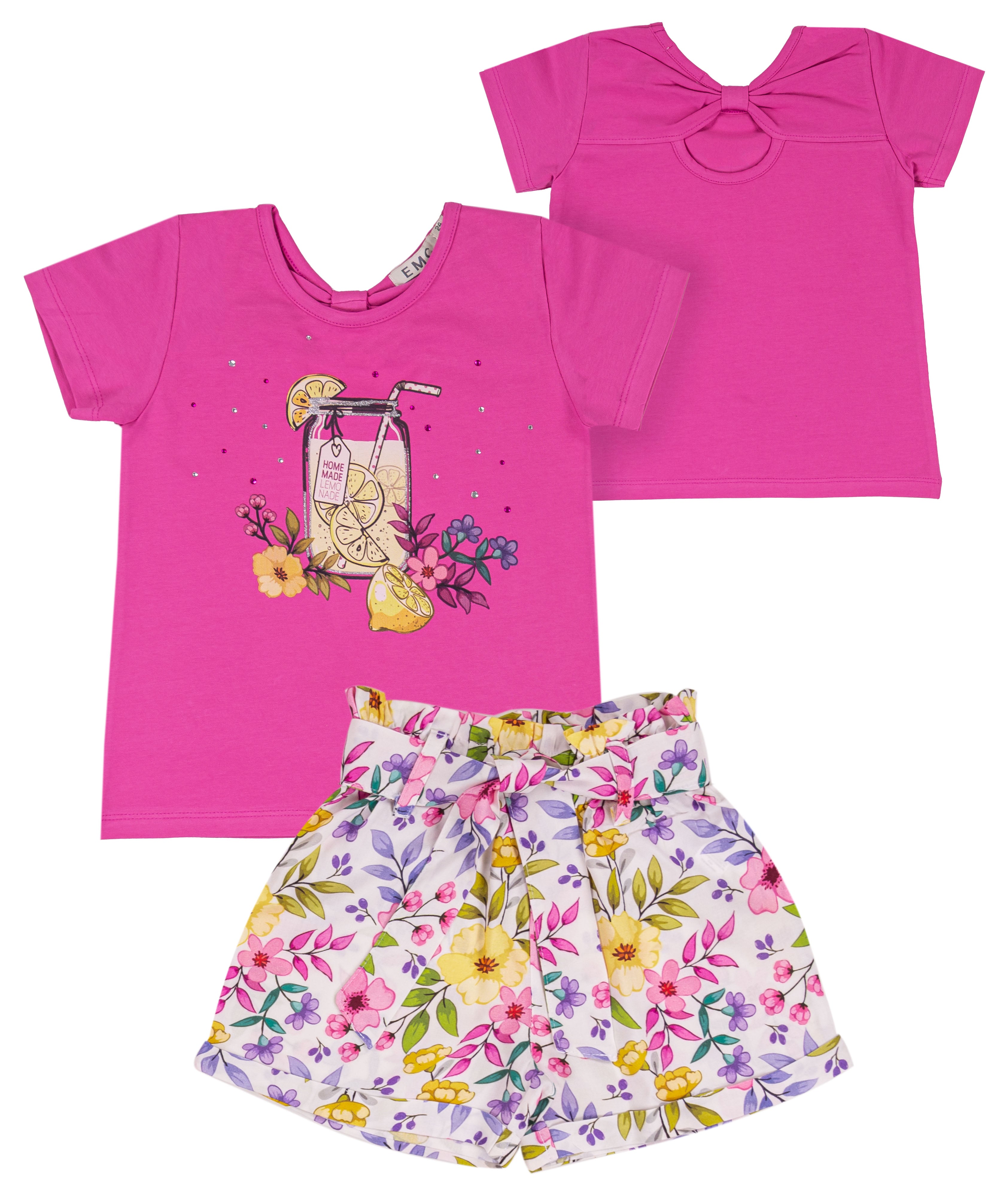 Completo Estivo Bimba Fucsia e Floreale con Stampa Limonata e Fiocco