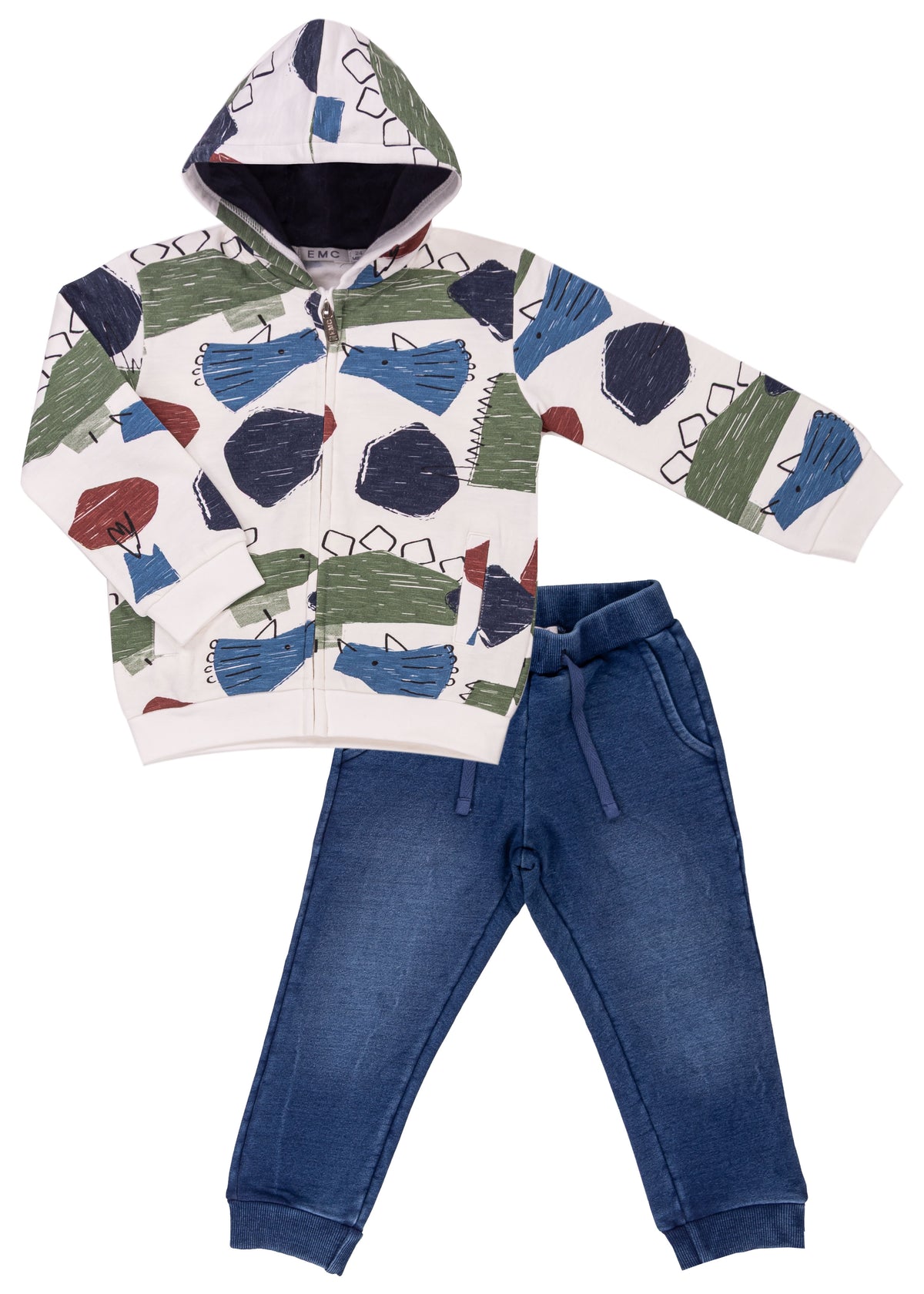 Completo Bimbo EMC con Felpa Dinosauri e Pantalone Denim