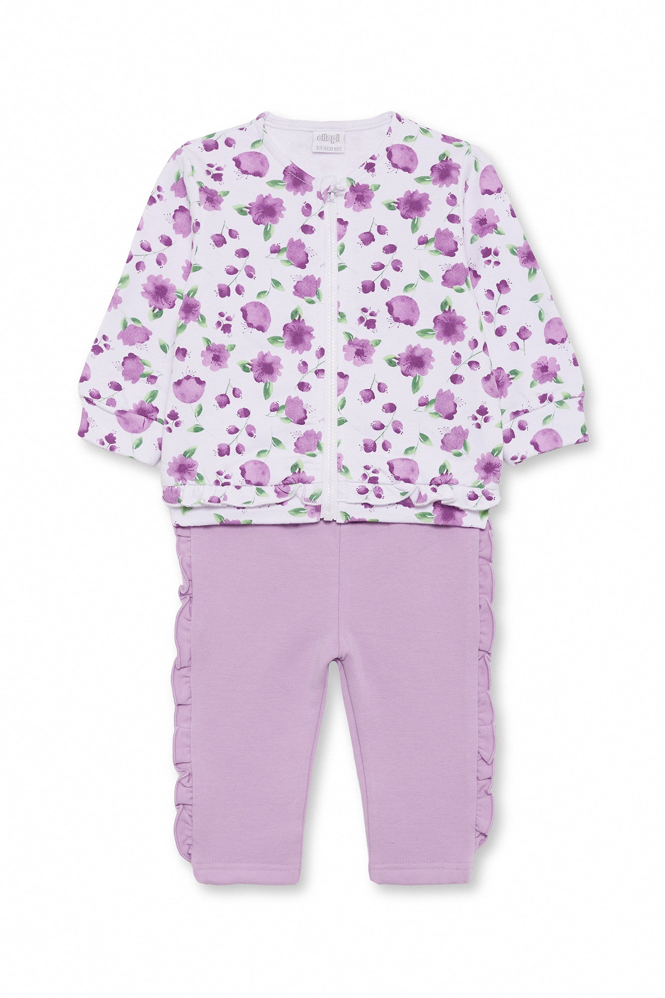 Completo Felpa Bambina in Cotone con Fiori e Volant