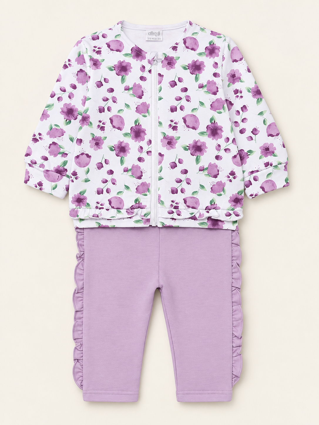 Completo Felpa Bambina in Cotone con Fiori e Volant