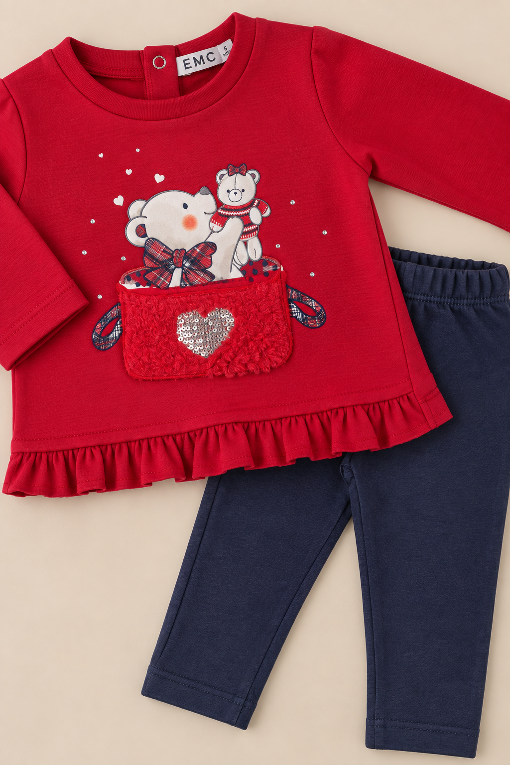 Completo Bimba EMC Rosso con Orsetti e Taschina in Pizzo