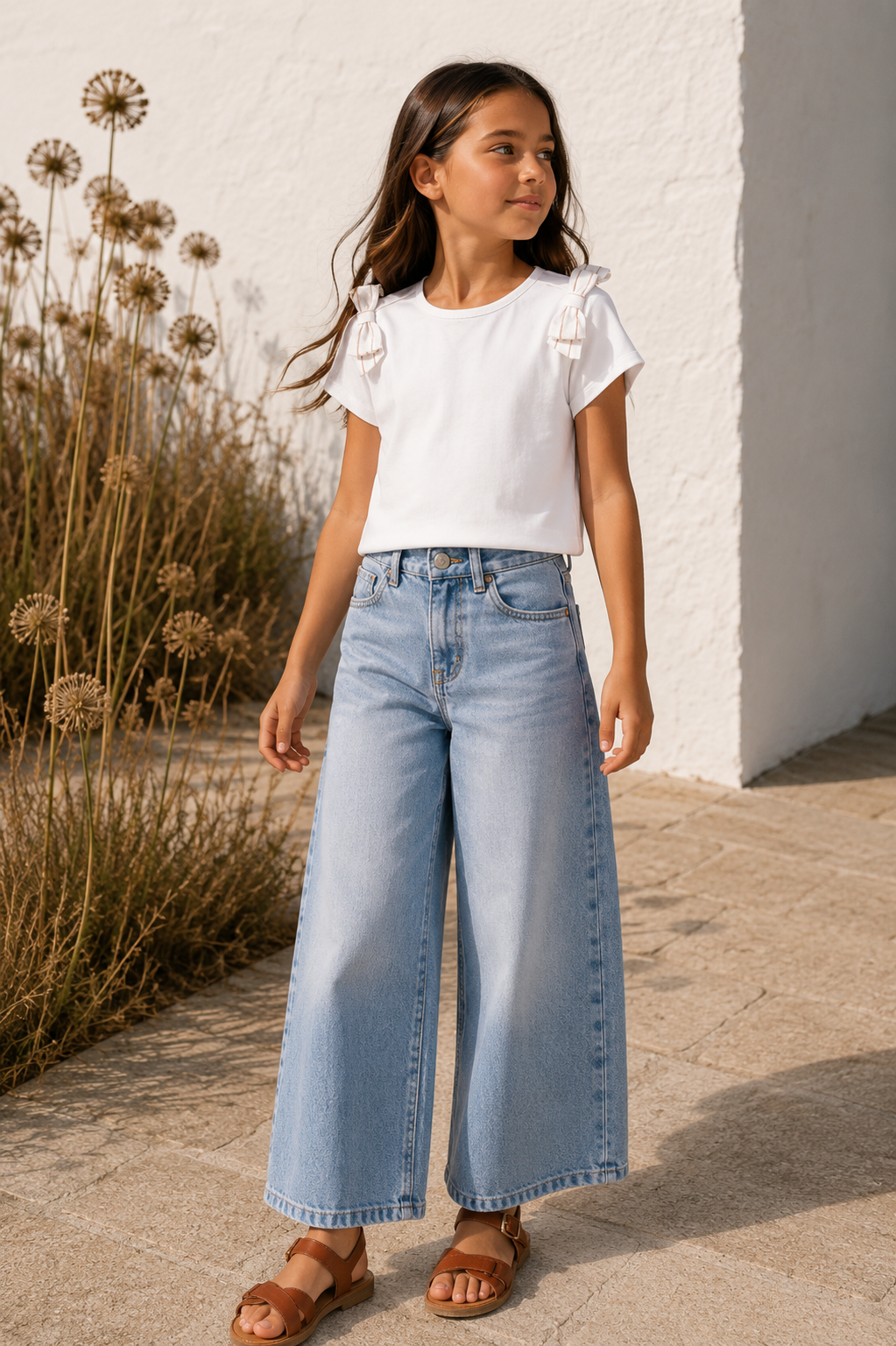 T-shirt Bambina Bianca in Cotone Elasticizzato con Fiocchi a Righe sulle Spalle