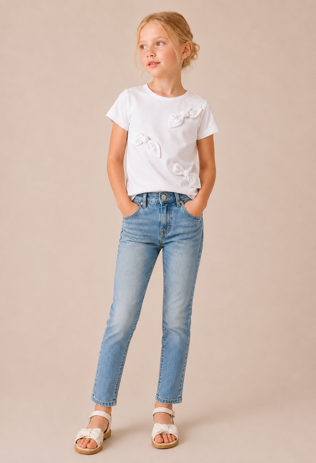 T-shirt Bambina in Cotone Elasticizzato con Fiocchi Applicati