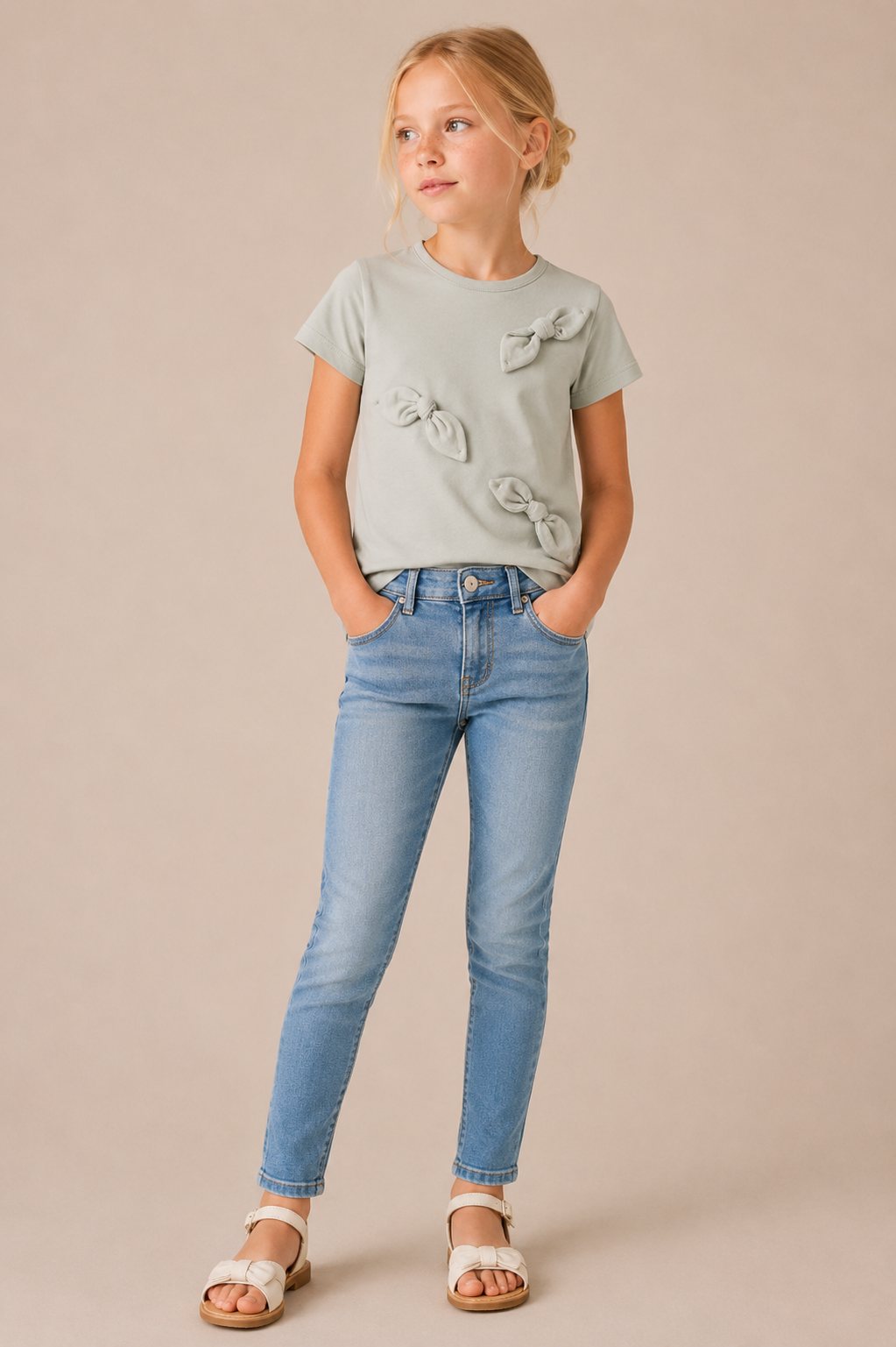 T-shirt Bambina in Cotone Elasticizzato con Fiocchi Applicati
