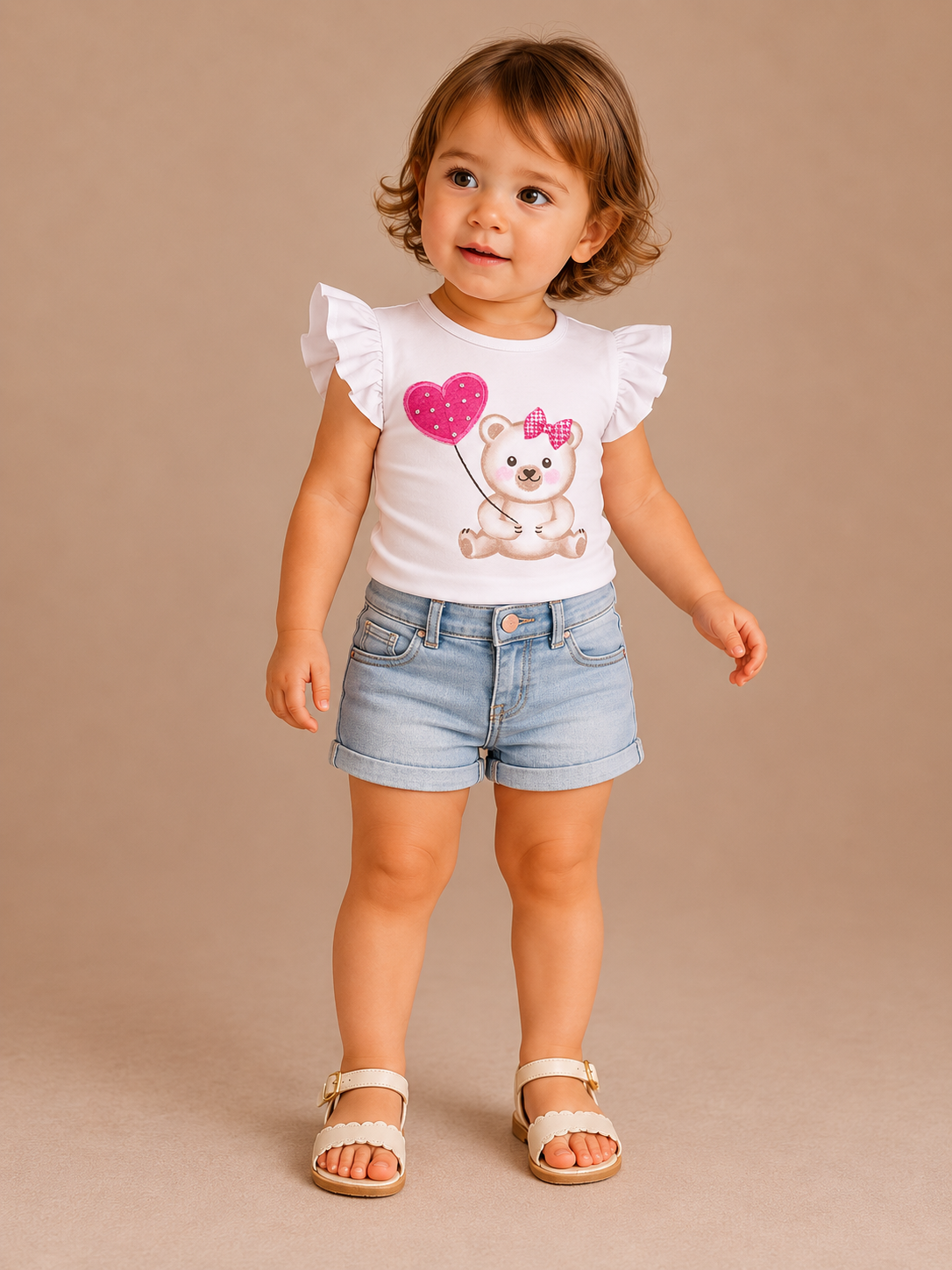 T-shirt Bambina in Cotone Elasticizzato con Maniche a Volant e Stampa Orsetto