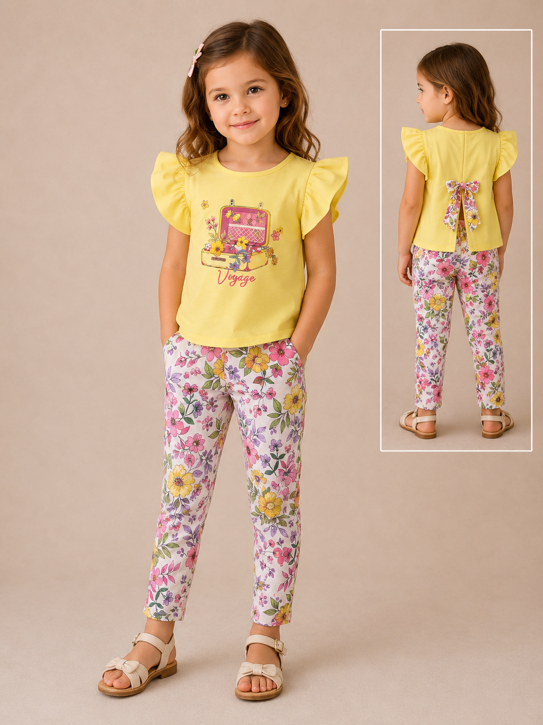 Completo Bimba Giallo e Floreale con T-shirt "Voyage" e Leggings