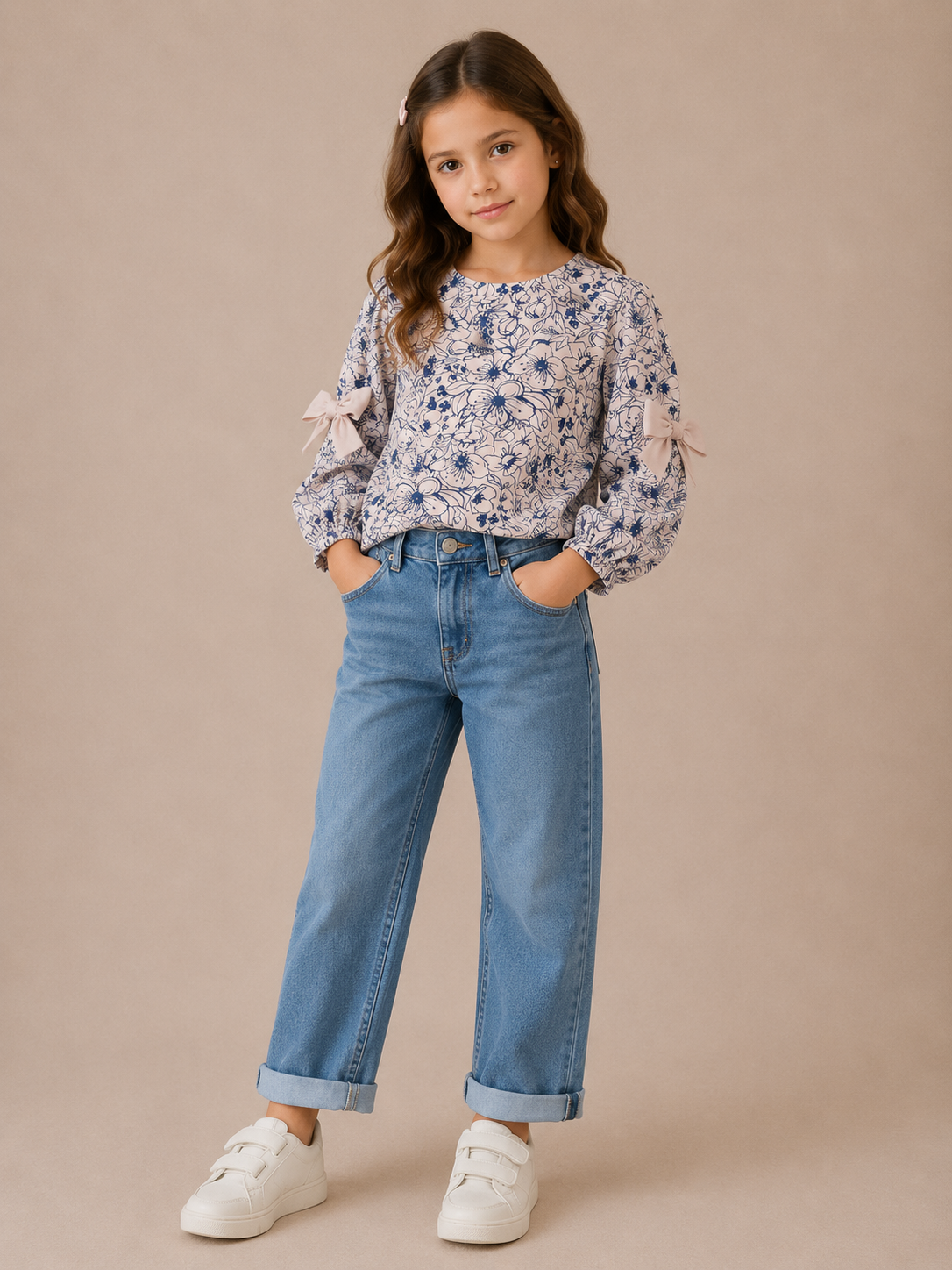 Top Bimba Manica Lunga in Cotone con Stampa Floreale e Fiocchi