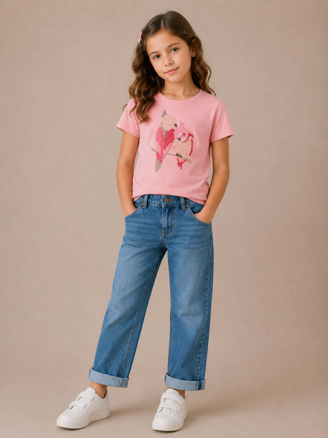 T-shirt Bimba Manica Corta in Cotone con Pappagalli in Paillettes