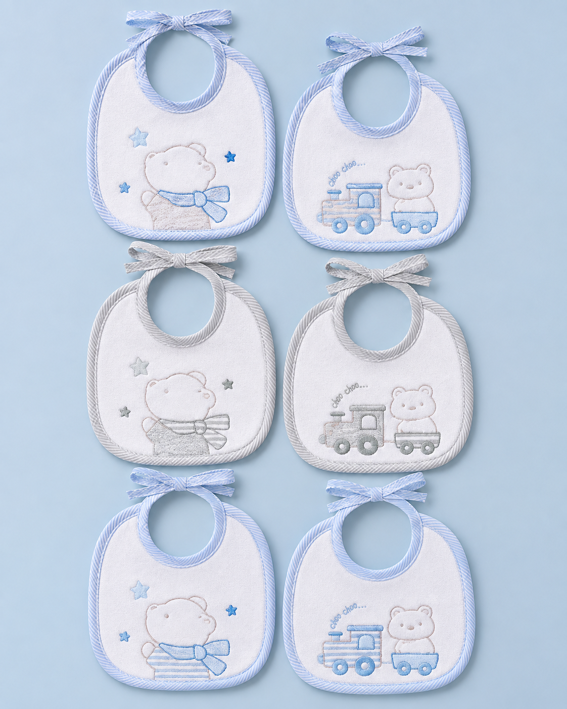 Set da 6 Bavaglini Tondi Bimbo in Ciniglia Orsetto Fantasie Assortite