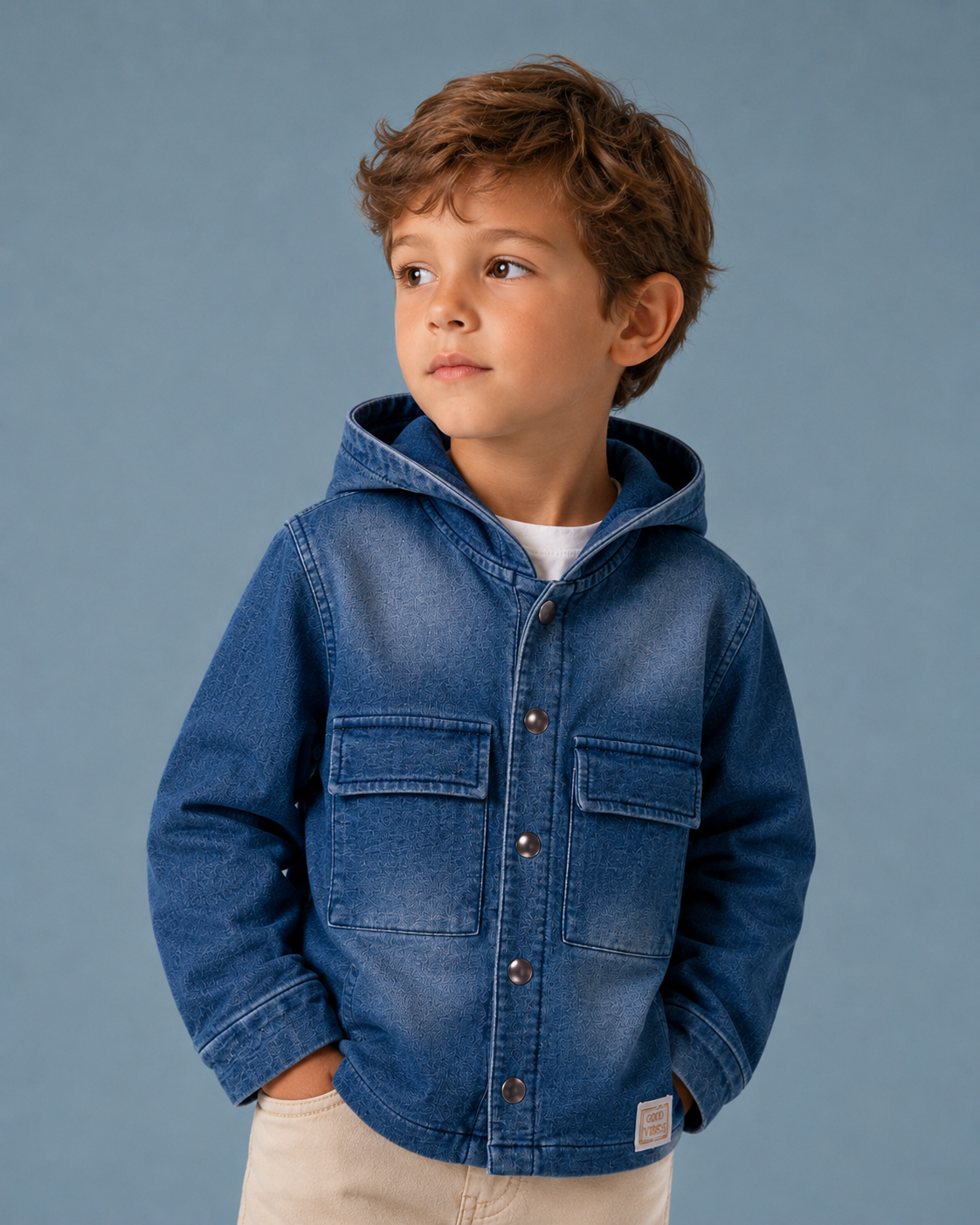 Giacca Bambino con Cappuccio Effetto Denim con Bottoni e Taschini
