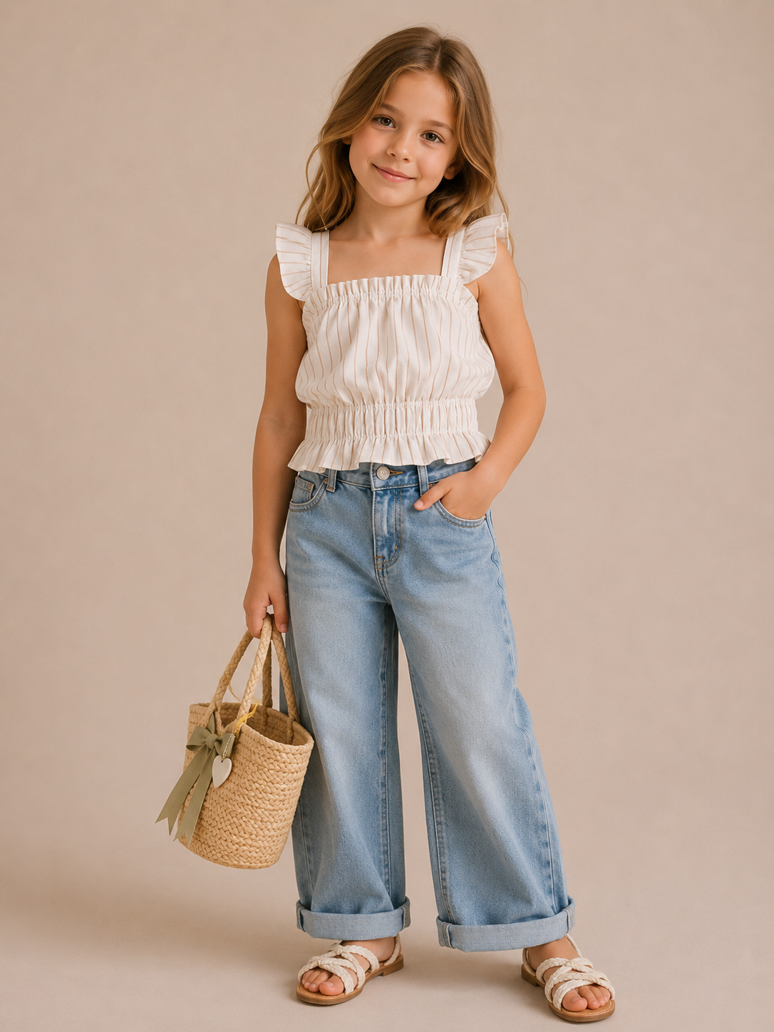 Top Bambina in 100% Lino con Spalline a Volant e Busto Elasticizzato