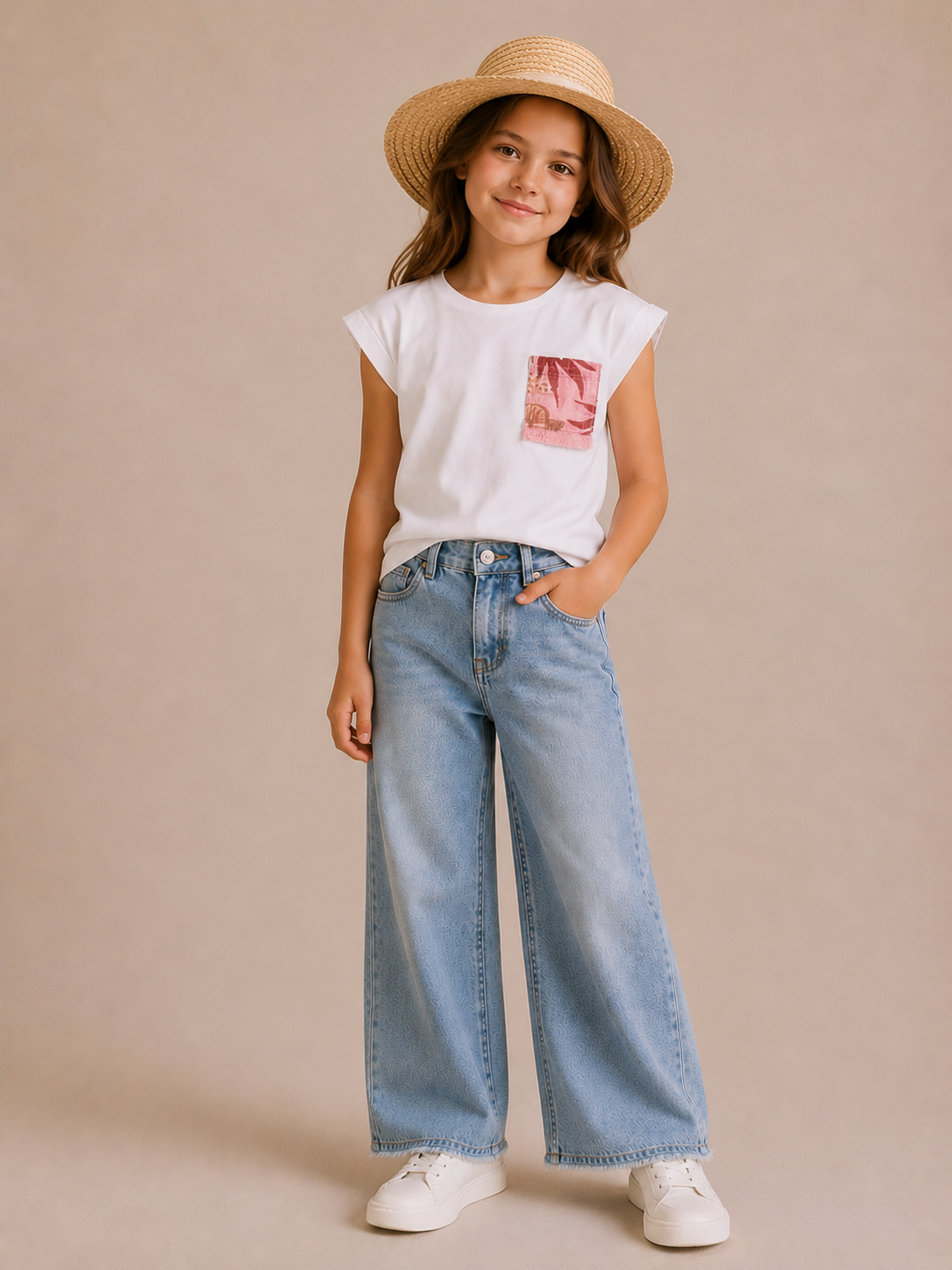 T-shirt Bambina in Cotone Elasticizzato con Taschino Stampato e Frange