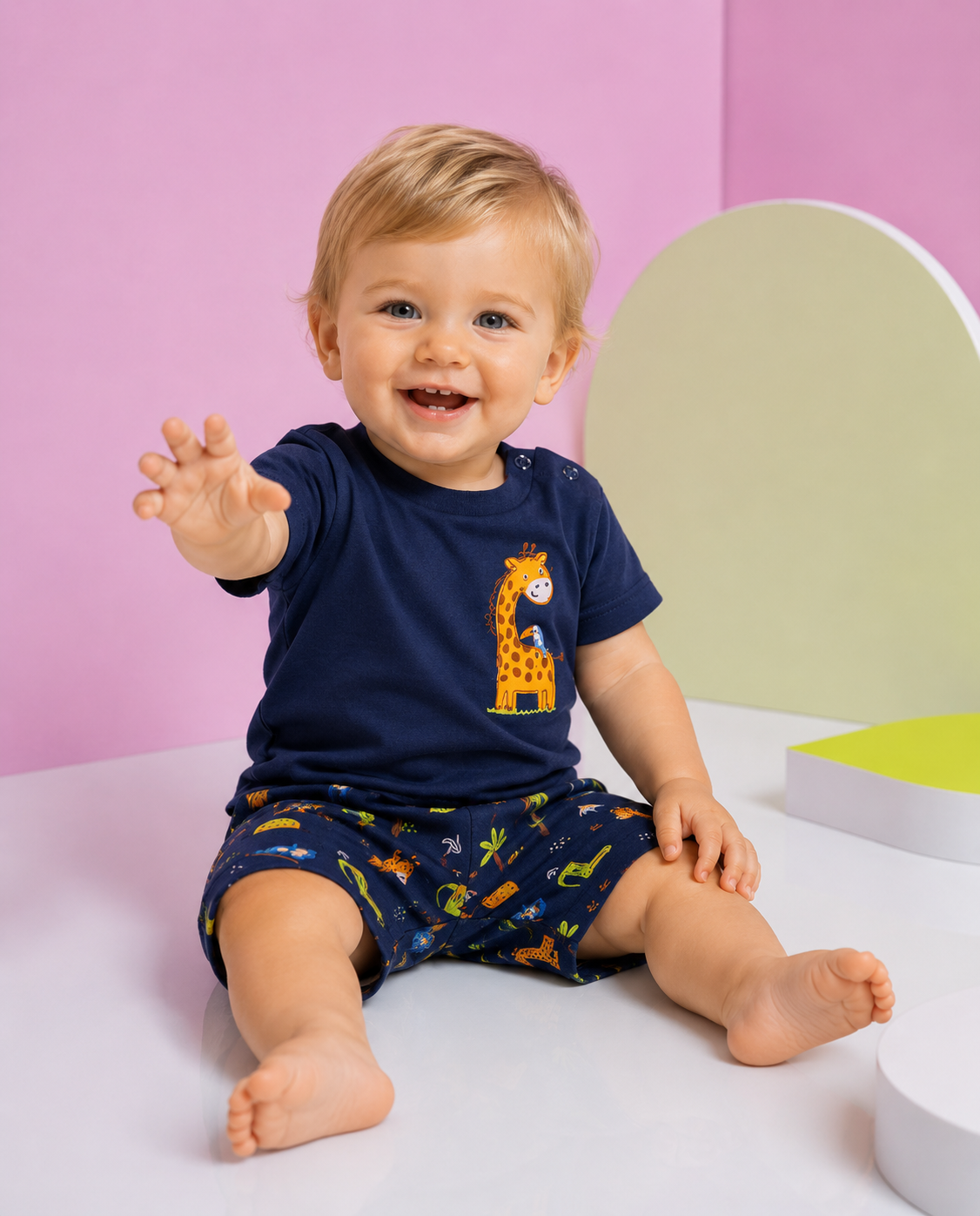 Completo Estivo Bambino Blu Navy con T-shirt Giraffa e Shorts Fantasia Jungle