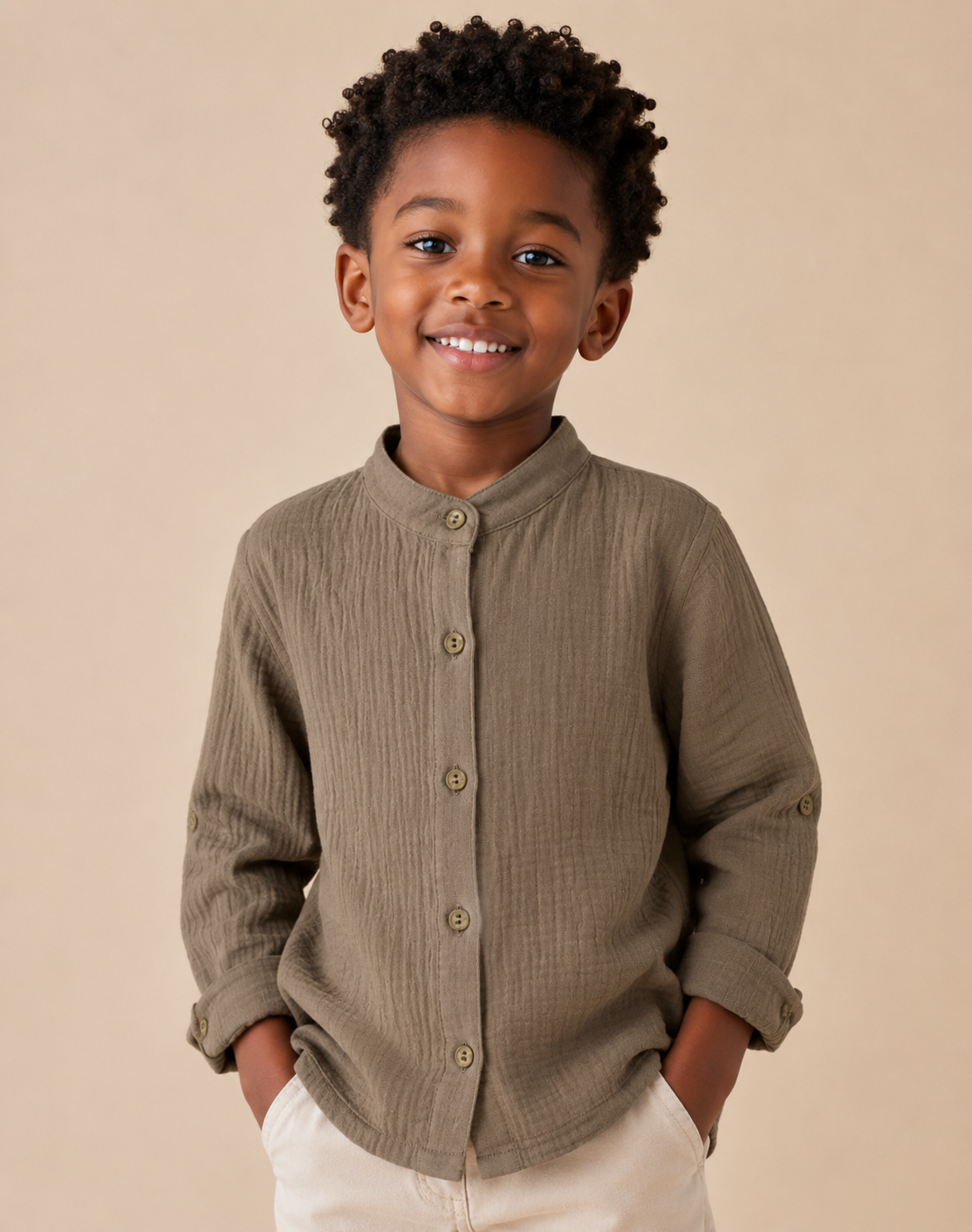 Camicia Bambino 100% Cotone a Righe con Colletto Coreano
