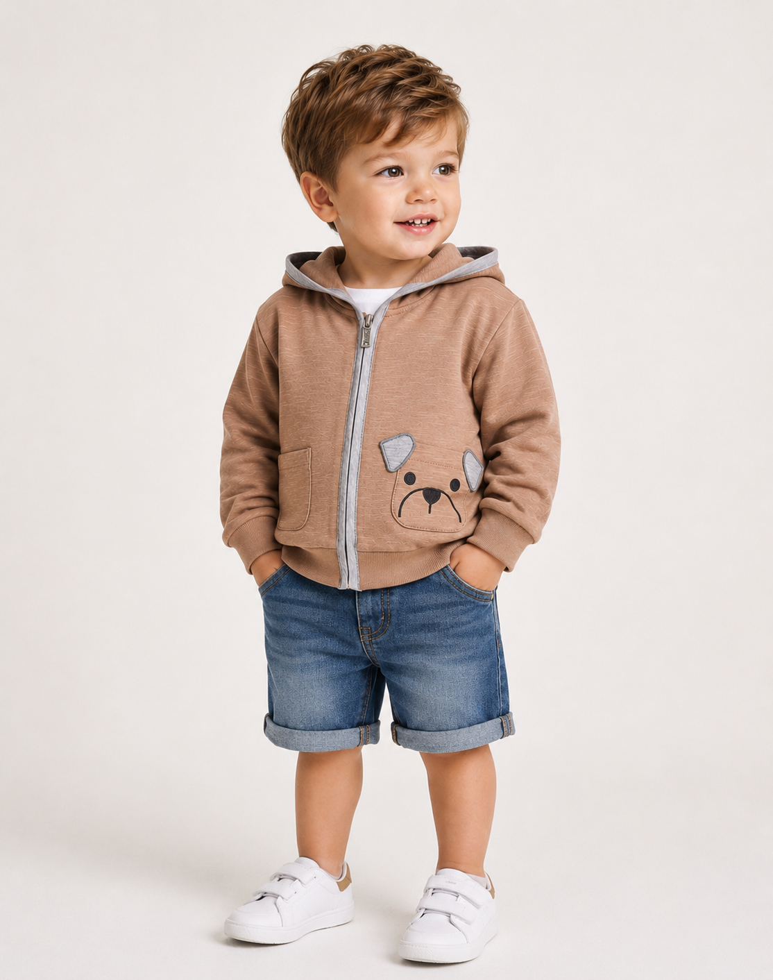 Felpa Bambino Color Mattone in 100% Cotone Slub con Zip e Cappuccio