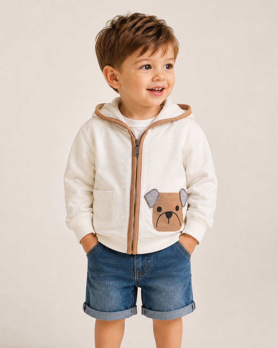 Felpa Bambino Color Mattone in 100% Cotone Slub con Zip e Cappuccio