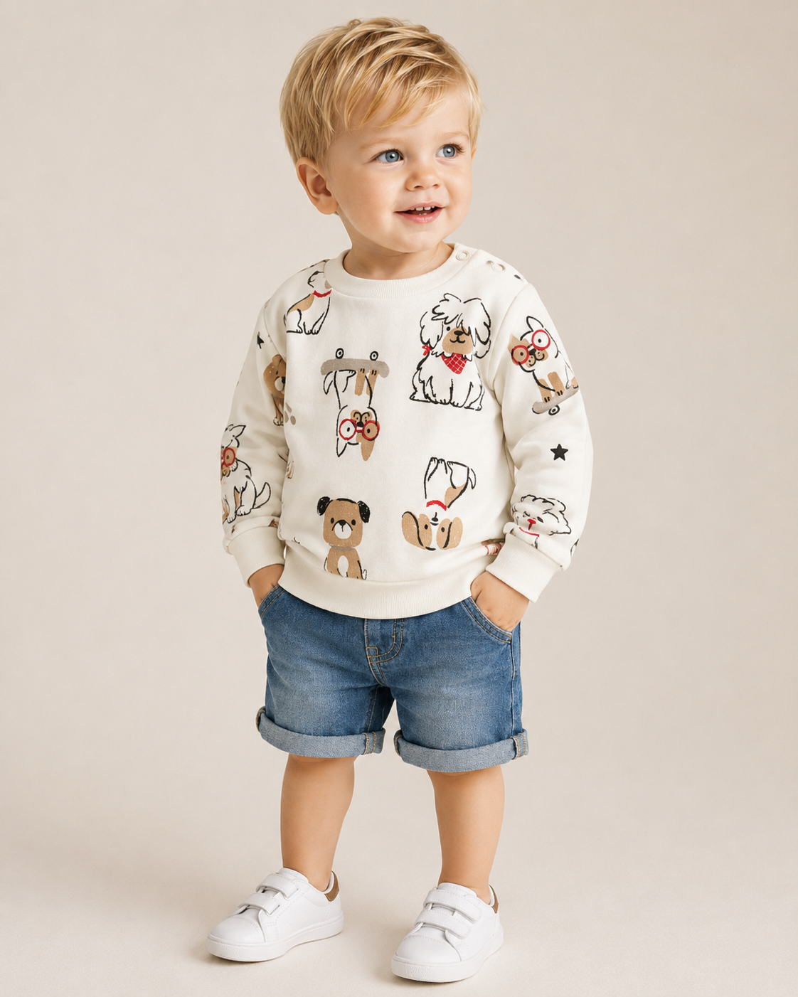 Felpa Bambino Bianca in Cotone con Stampa All-over Cagnolini