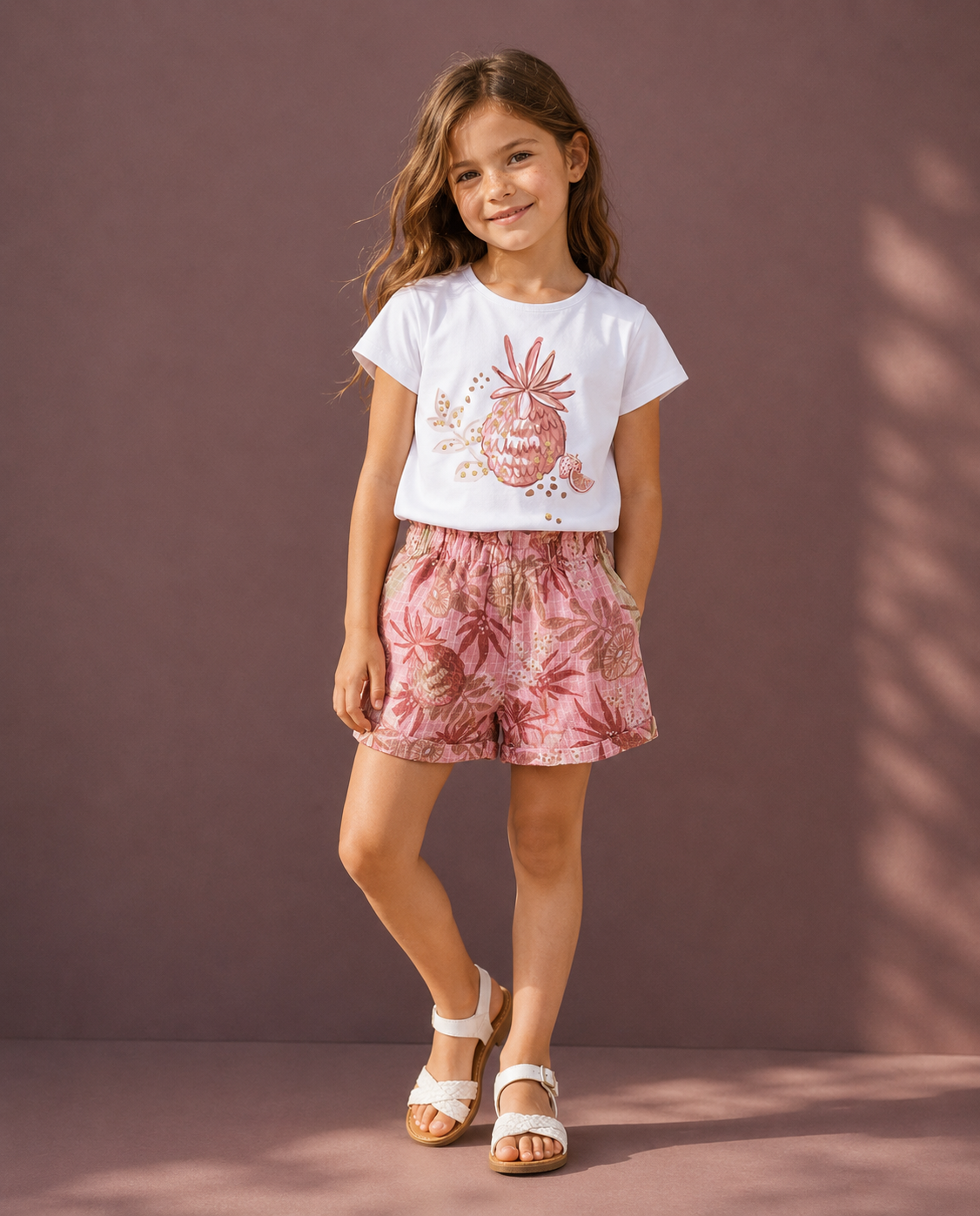 Completo Estivo Bimba Bianco e Rosa con Stampa Ananas e Punti Luce