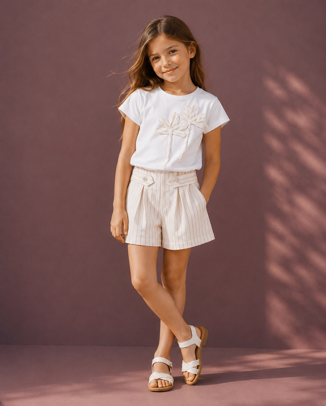 Completo Estivo Bambina Bianco e Beige a Righe con Applicazioni Floreali