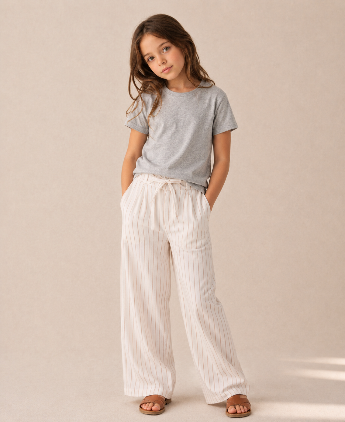 Pantalone Lungo Bambina Gamba Larga in 100% Lino con Laccetto