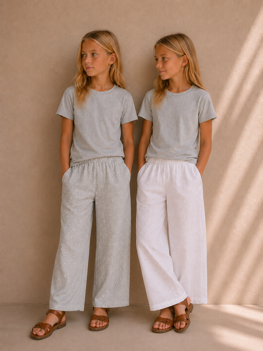 Pantalone Lungo Bambina in Puro Cotone con Lavorazione Sangallo