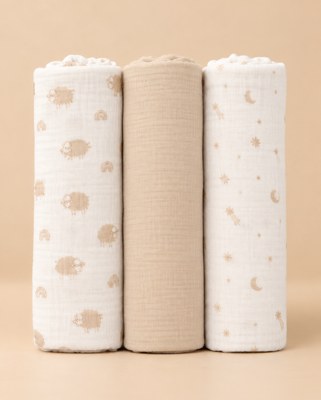 Set 3 Teli in Mussola di Cotone in Tonalità Beige