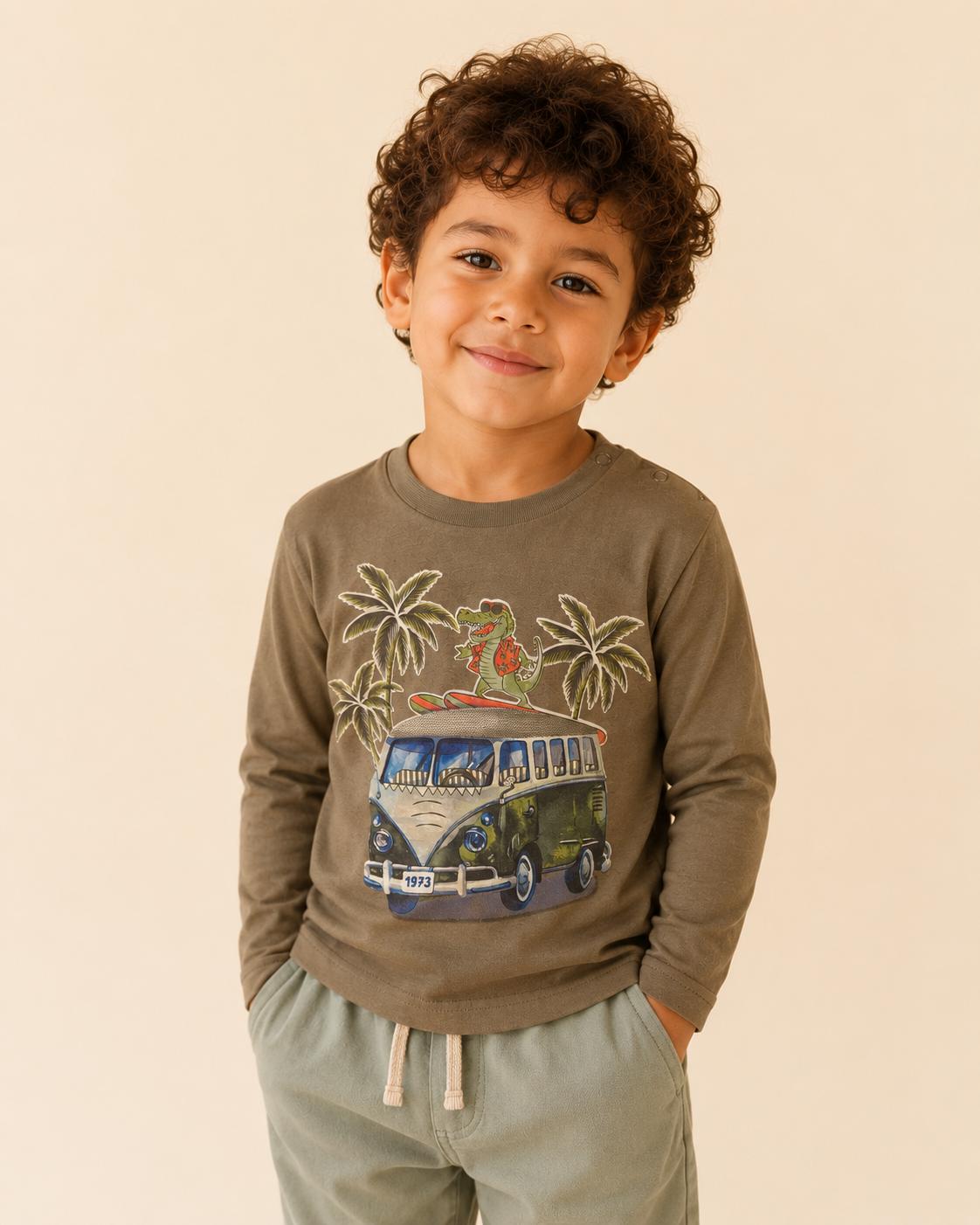 T-shirt Bambino Manica Lunga Verde Militare con Stampa Surf