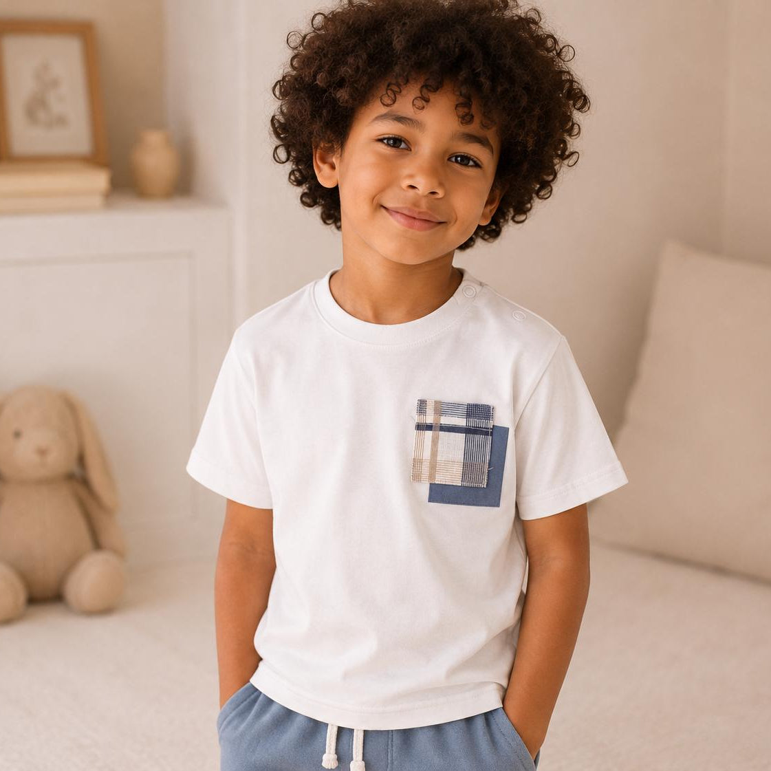 T-shirt Bambino in Cotone Bianco con Taschino a Righe