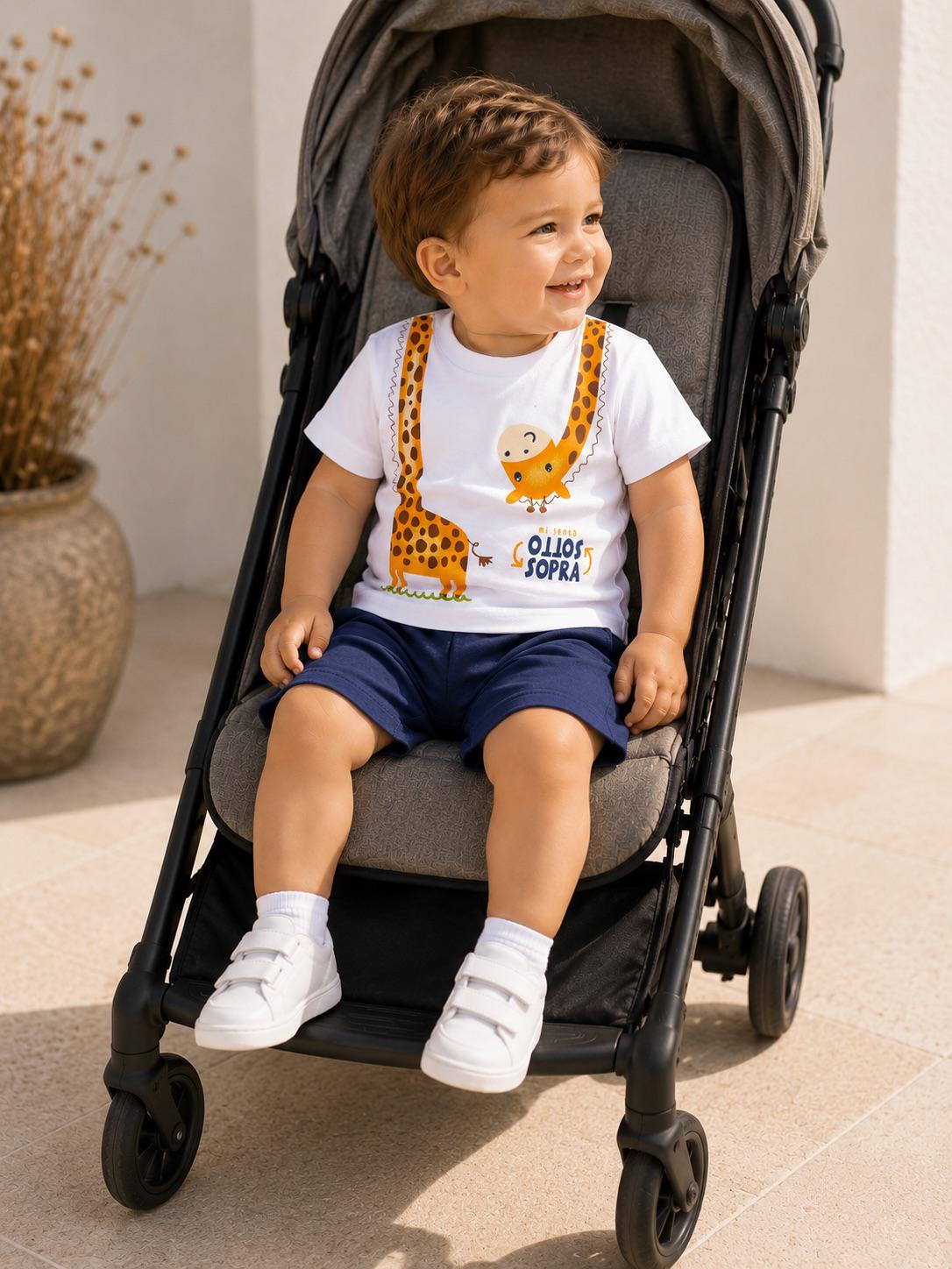 Completo Estivo Bambino Bianco e Blu Navy con Grafica Giraffa "Sottosopra"