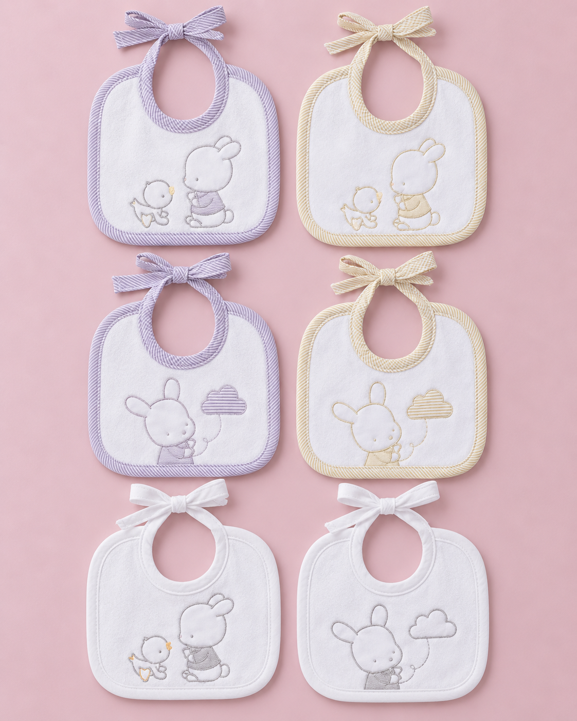 Set da 6 Bavaglini Quadrati in Ciniglia Coniglietto Fantasie Assortite