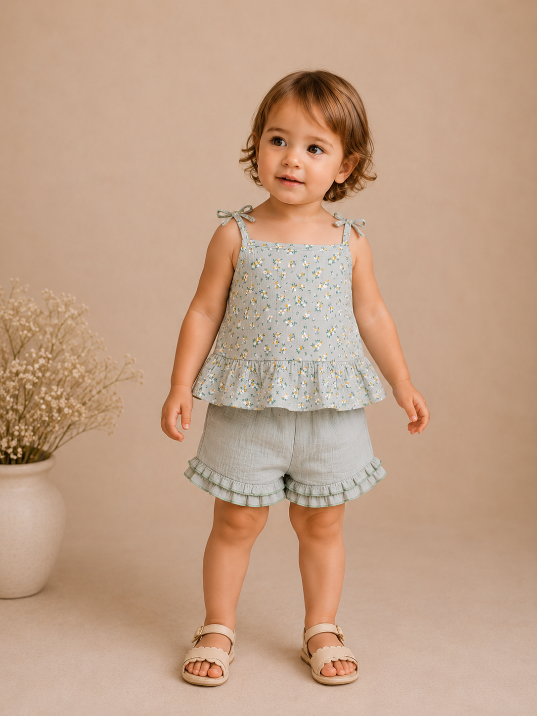 Completo Estivo Bambina in Cotone con Stampa Floreale e Volant