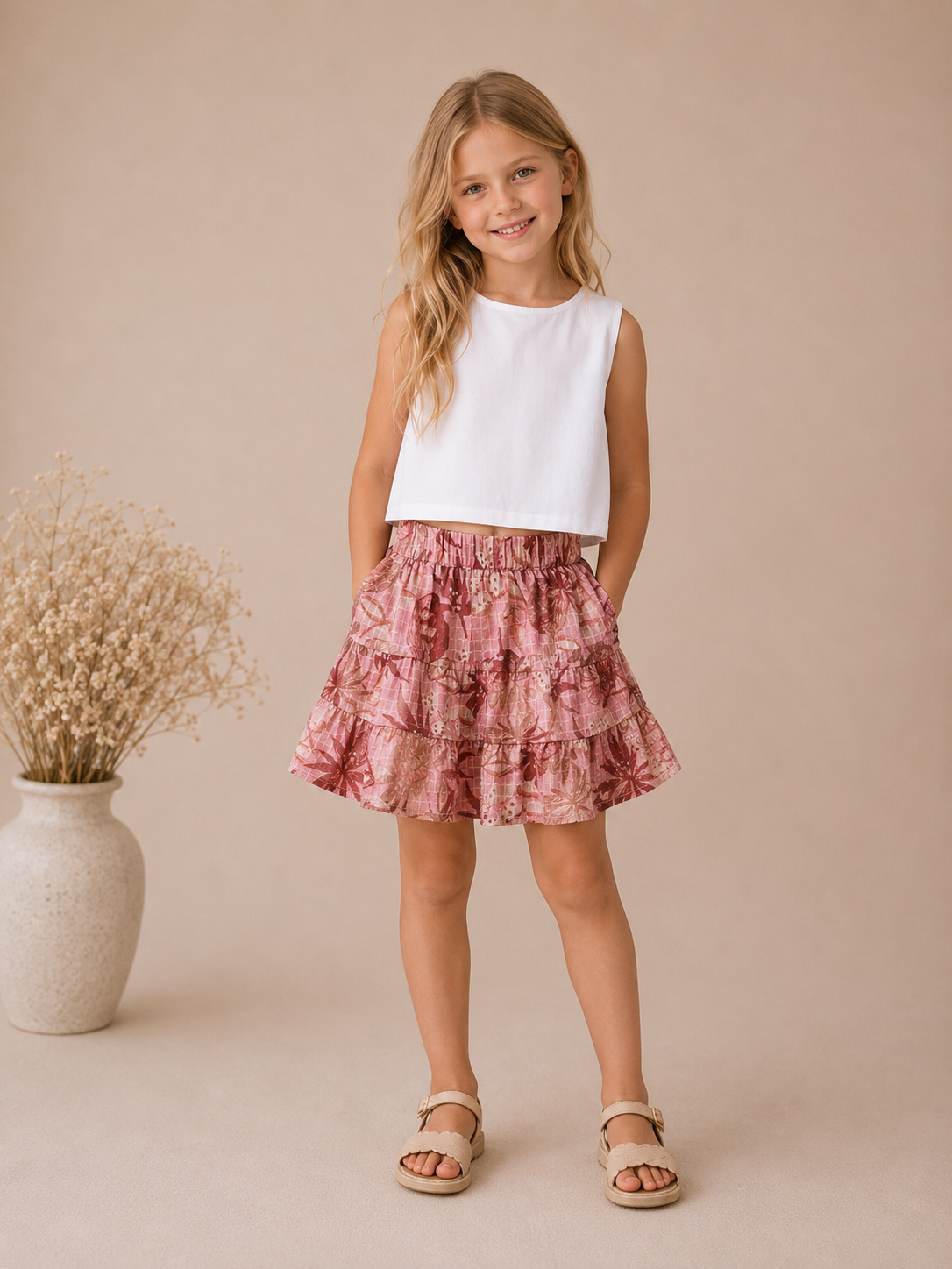 Gonna Bimba in Cotone con Balze e Fantasia Floreale