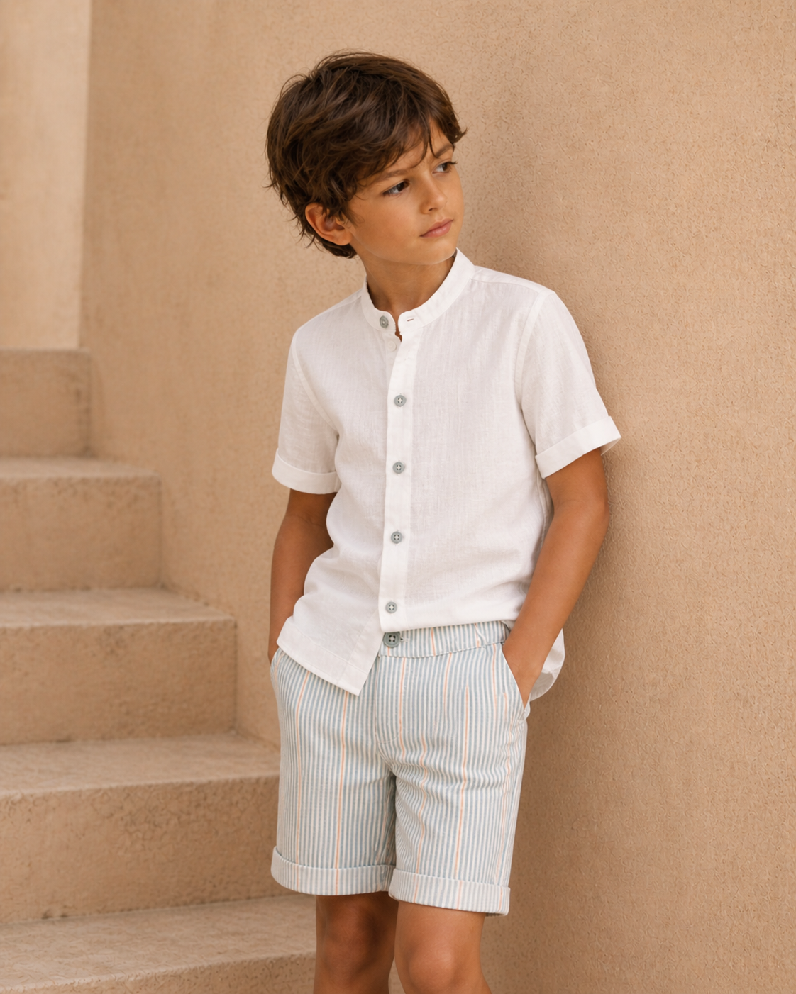 Pantalone Corto Bambino in 100% Lino con Bottone