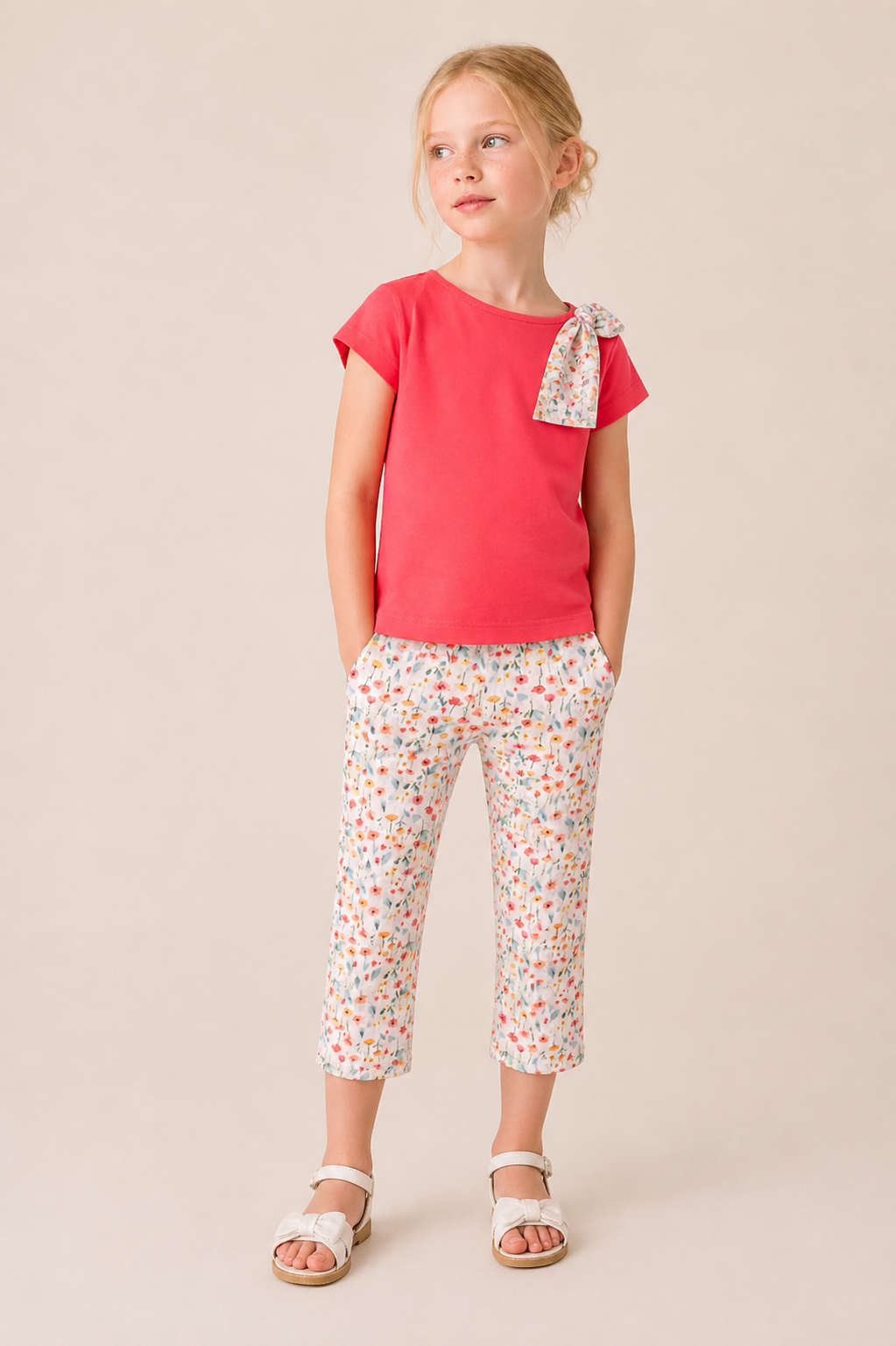 Completo Estivo Bambina in Cotone con Spalla Scoperta e Fiori