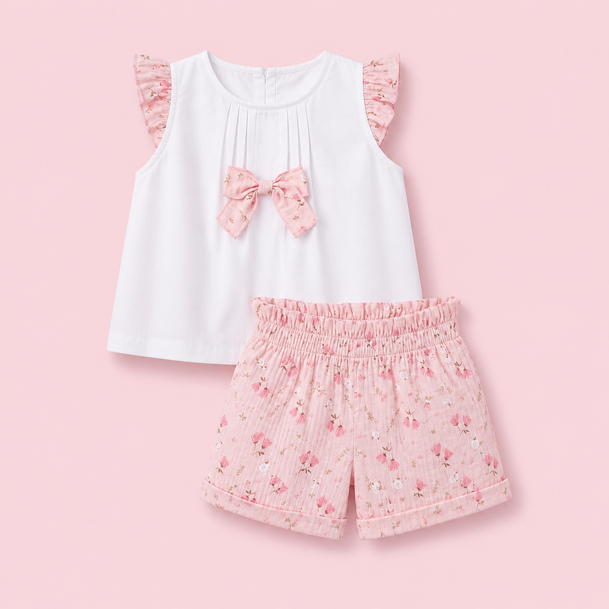 Completo Estivo Bambina in Cotone con Volant e Fiori