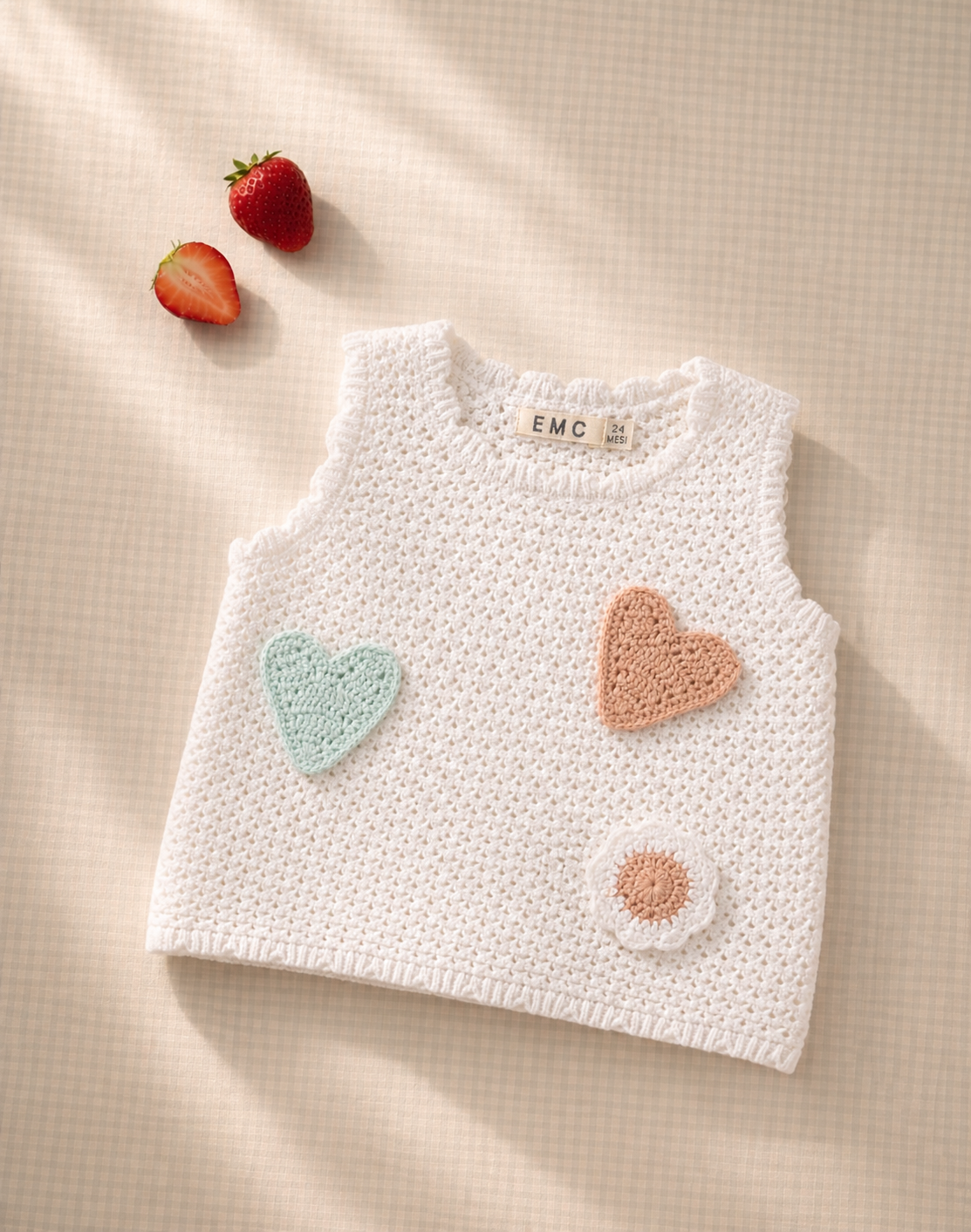 Canotta Bimba in Cotone Bianco con Stampa Cuoricini