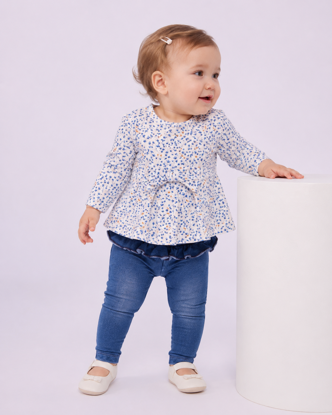 Completo Bimba EMC a Fiorellini con Leggings Effetto Denim