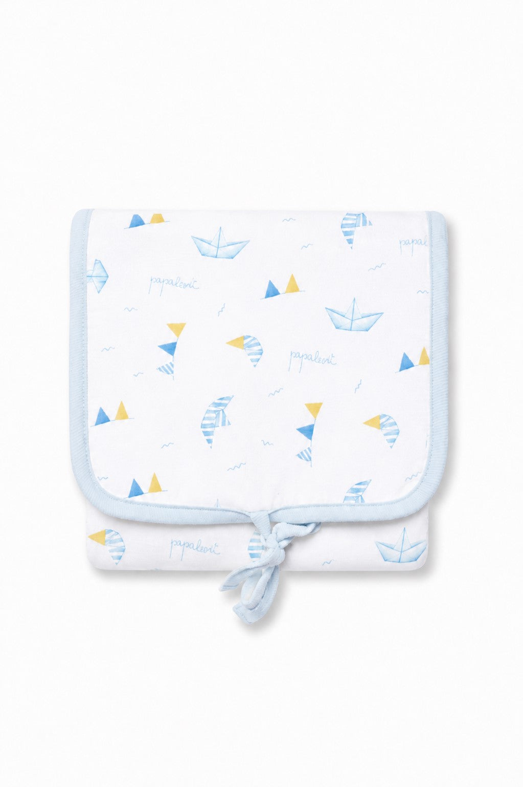Fasciatoio da viaggio Ellepi variante bianco e azzurro — garza bamboo cotone antibatterica, cambio neonato fuori casa