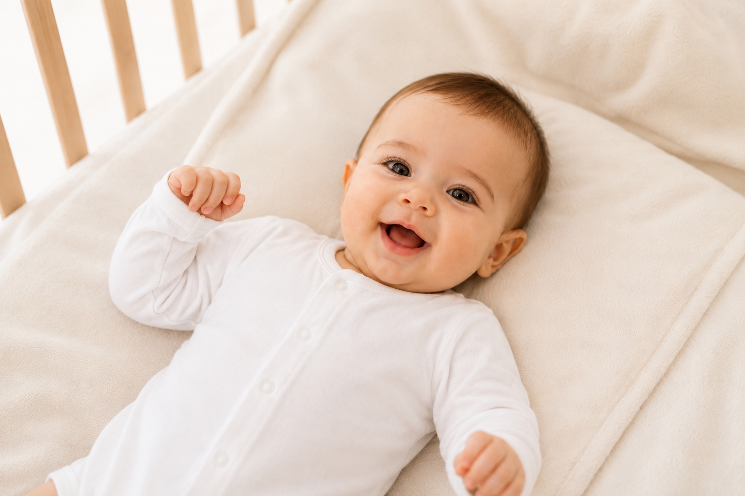 Neonato sorridente nel lettino con tutina manica lunga bianca Ellepi — cotone certificato OEKO-TEX, corredino neonato