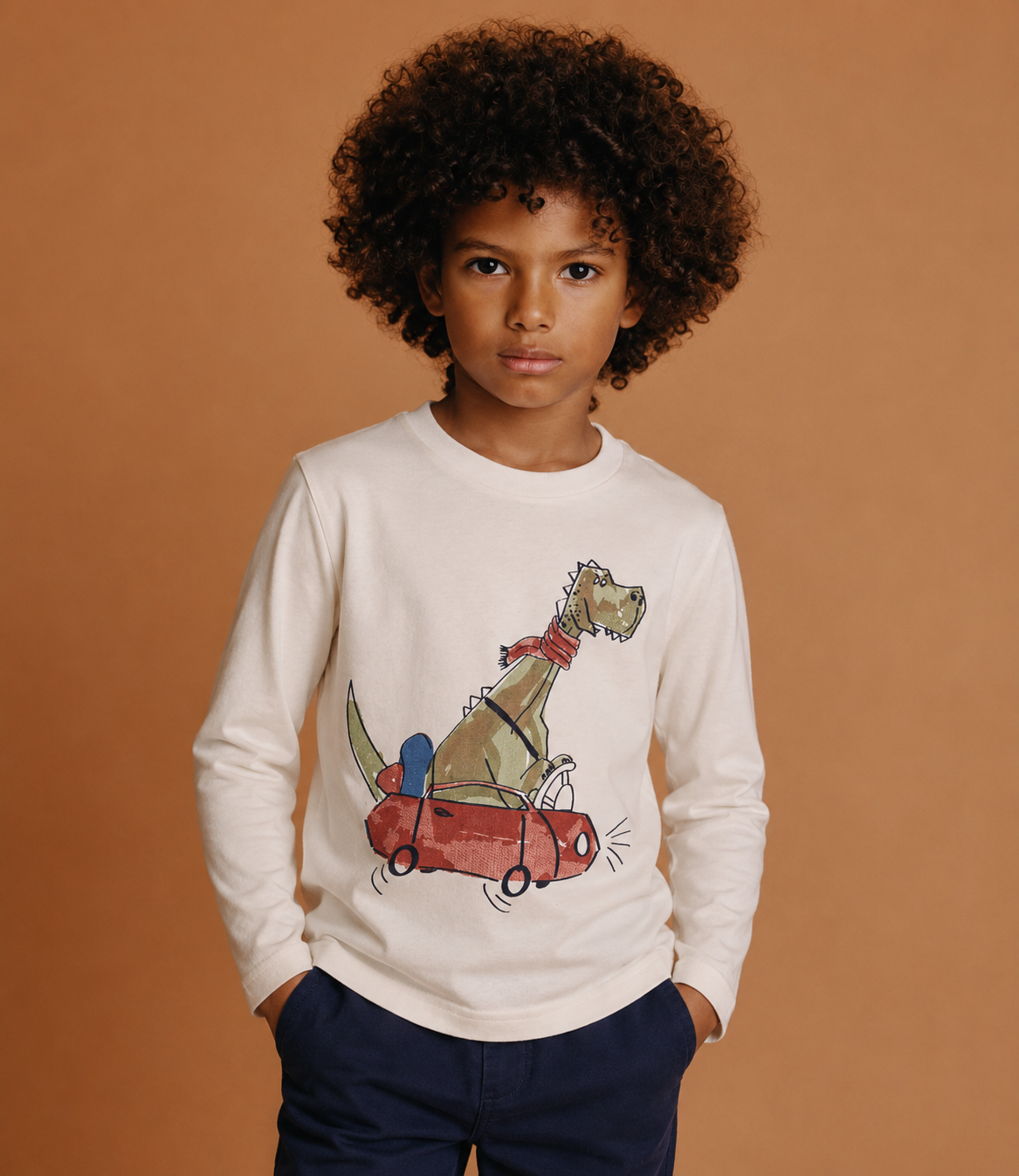 T-shirt Bimbo EMC Bianca con Dinosauro in Automobile