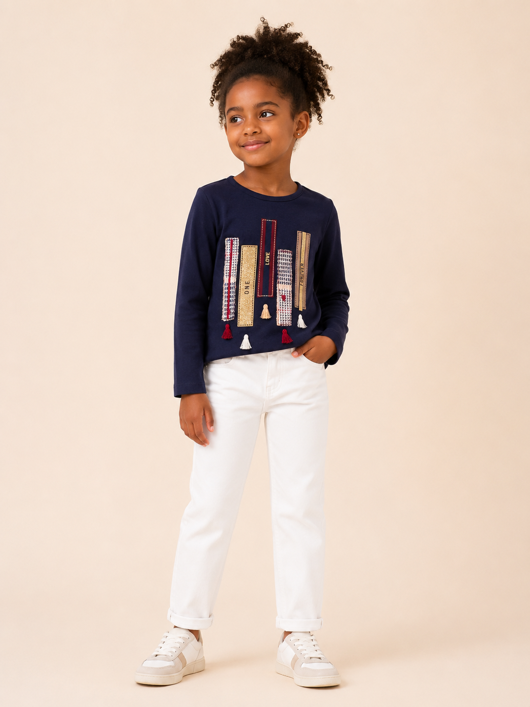T-shirt Bimba EMC Blu con Applicazioni Nastri e Nappine