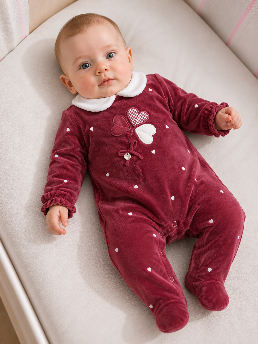 Tutina Neonata EMC Bordeaux in Ciniglia con Cuoricini Ricamati