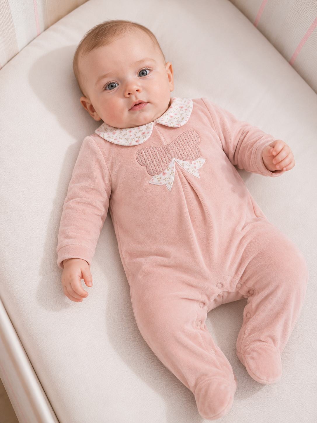 Tutina Neonata EMC Rosa in Ciniglia con Fiocco e Colletto Floreale