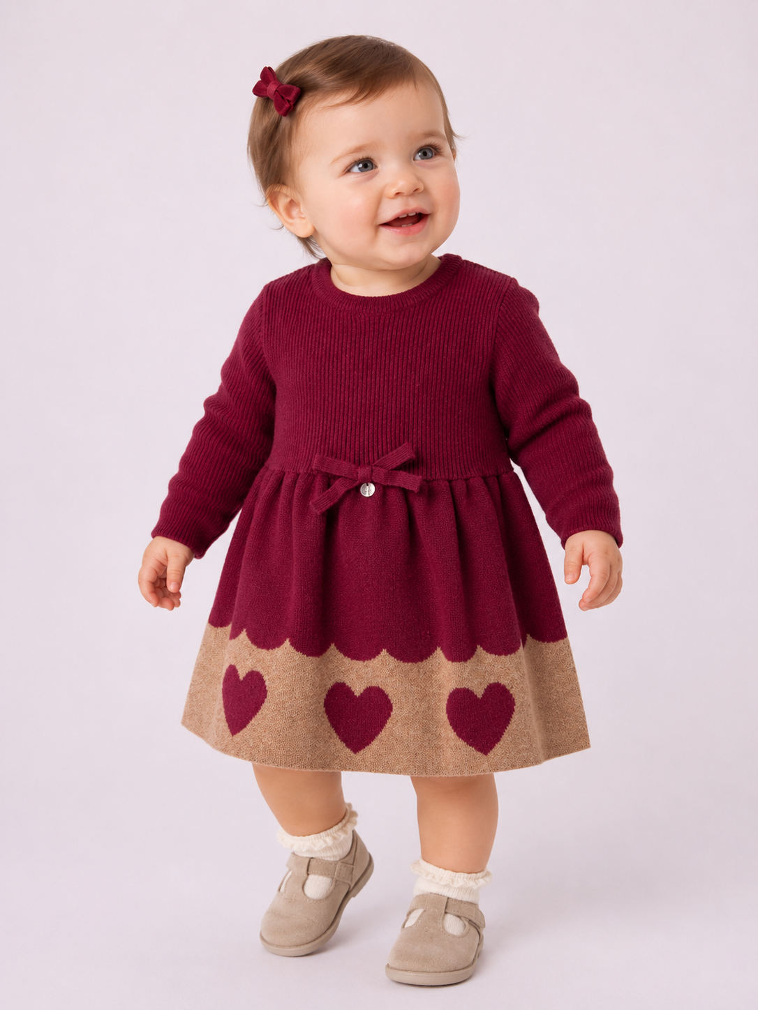 Vestitino Bimba in Maglia Bordeaux con Cuori