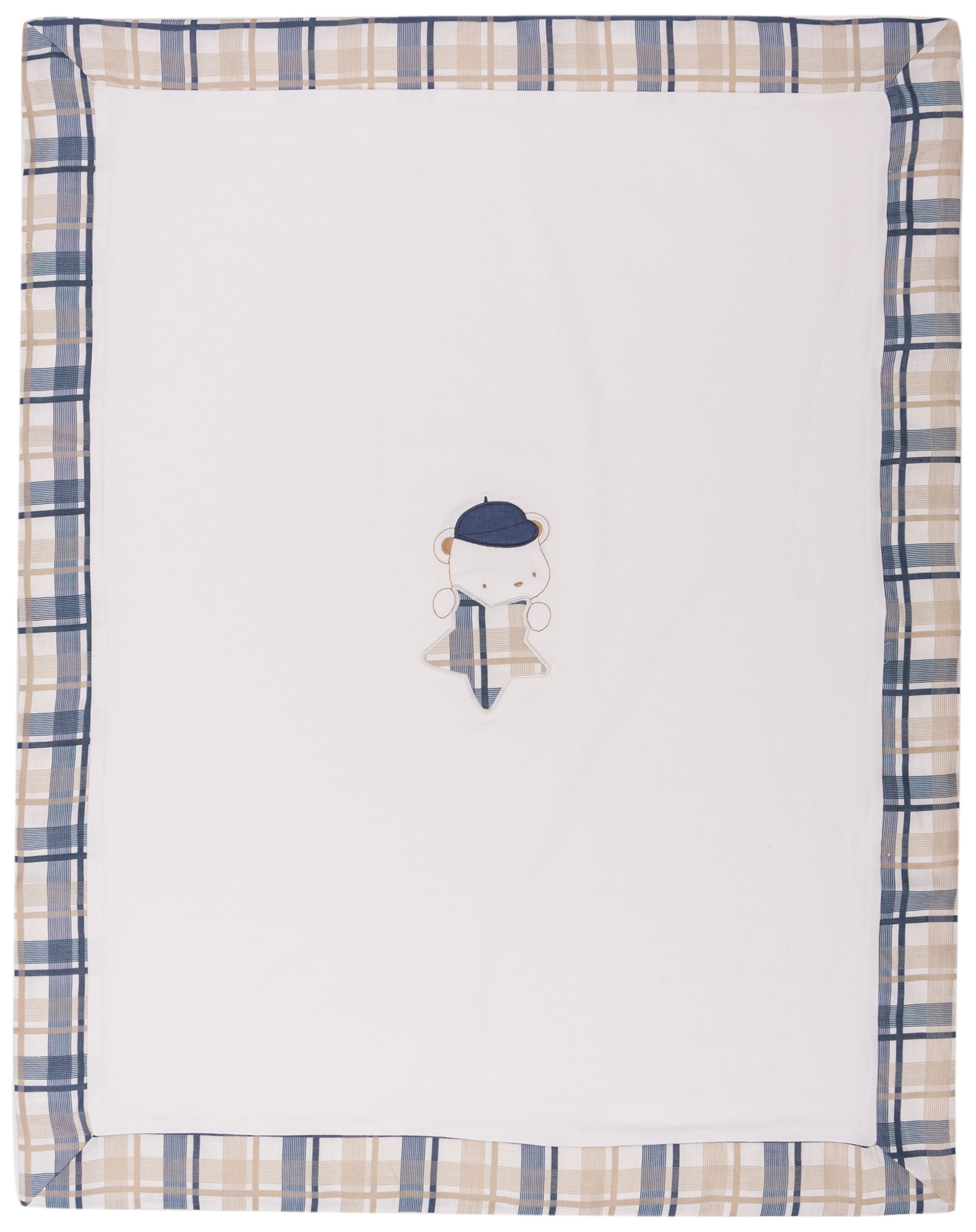Copertina Neonato Bianca in Cotone con Bordo Scozzese e Orsetto