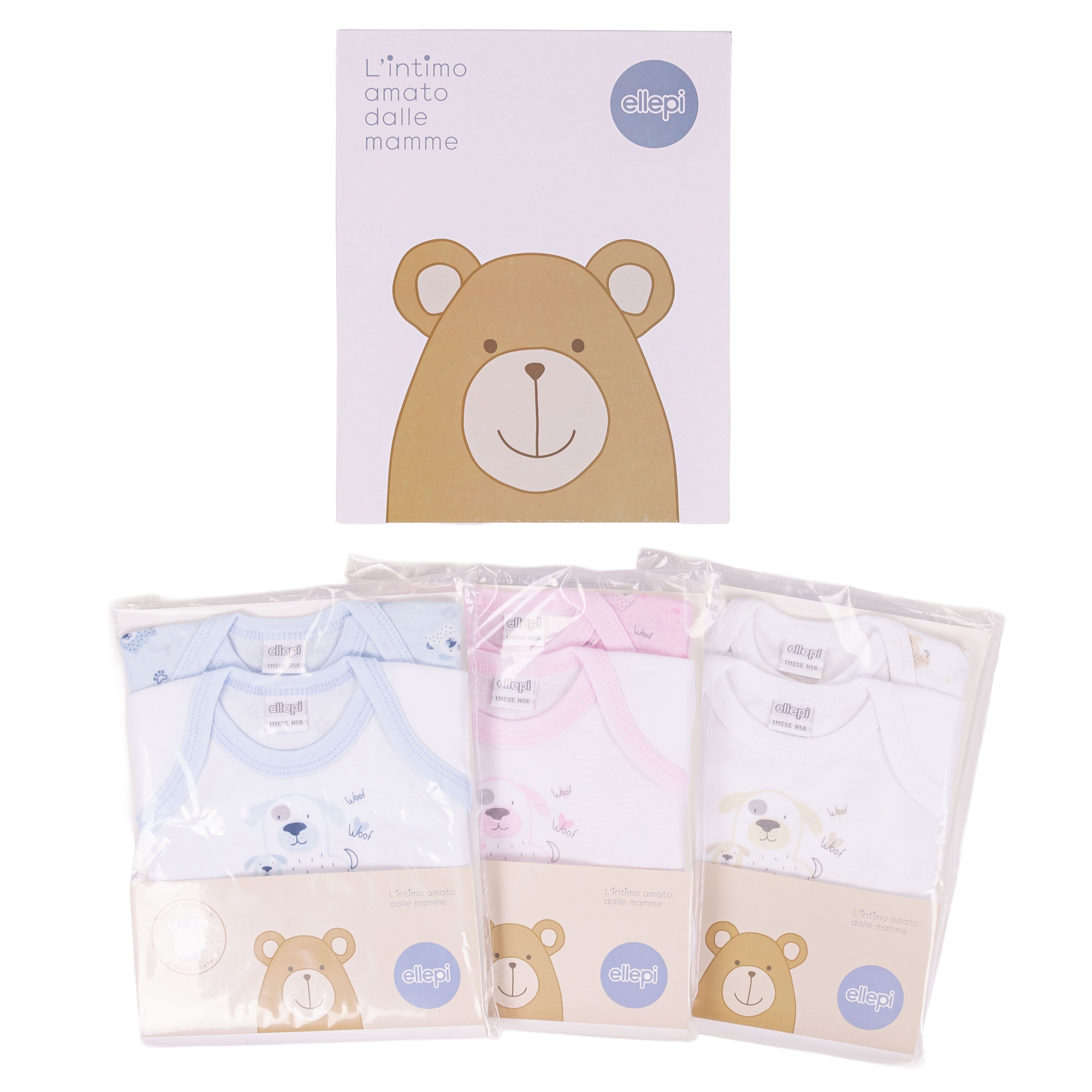 Set 6 Body Neonato Scollo Americano in Puro Cotone Certificato Oeko-Tex Grafica "Puppy"